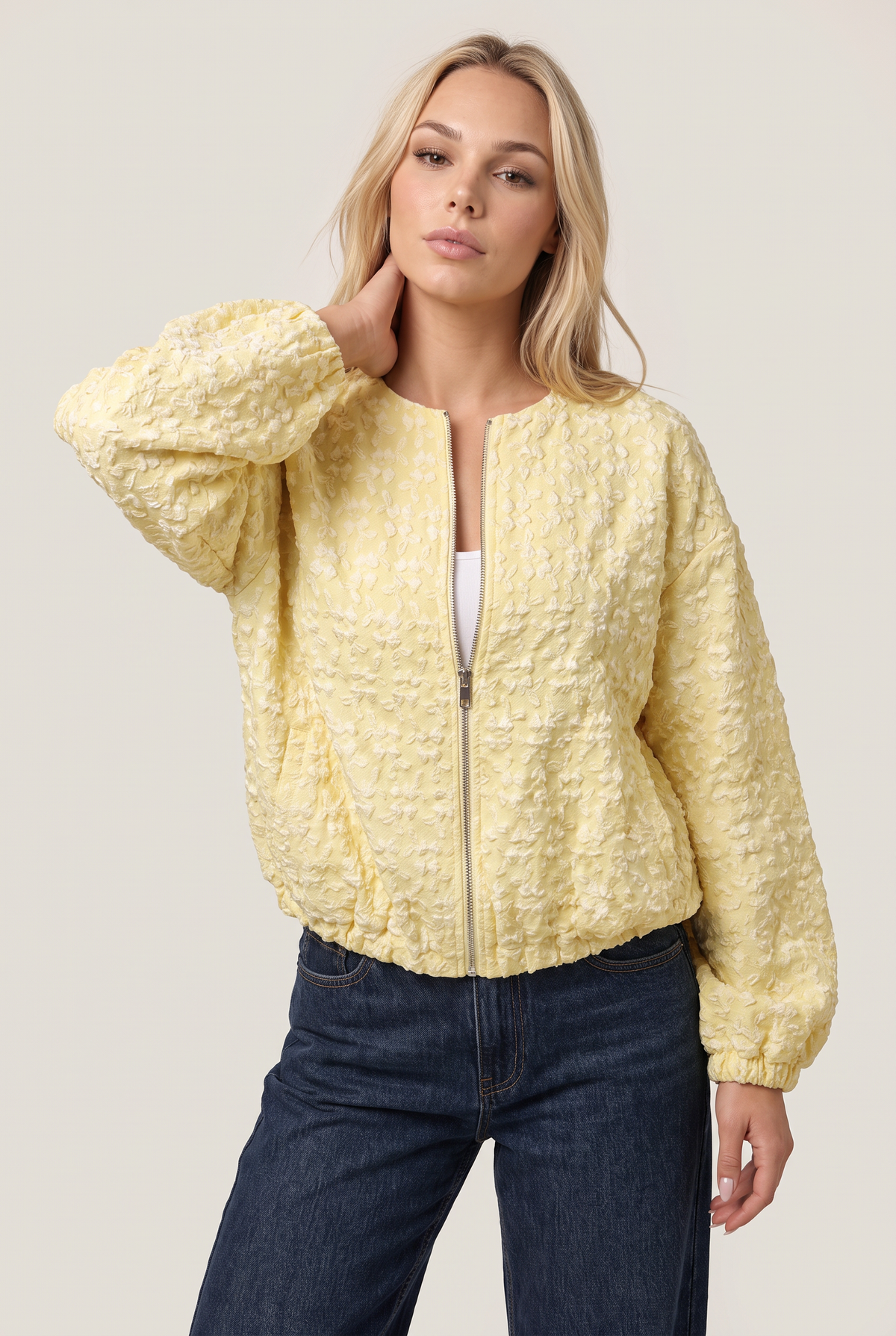 Women’s Butter Yellow Bomber Jacket Textured Puff Sleeve