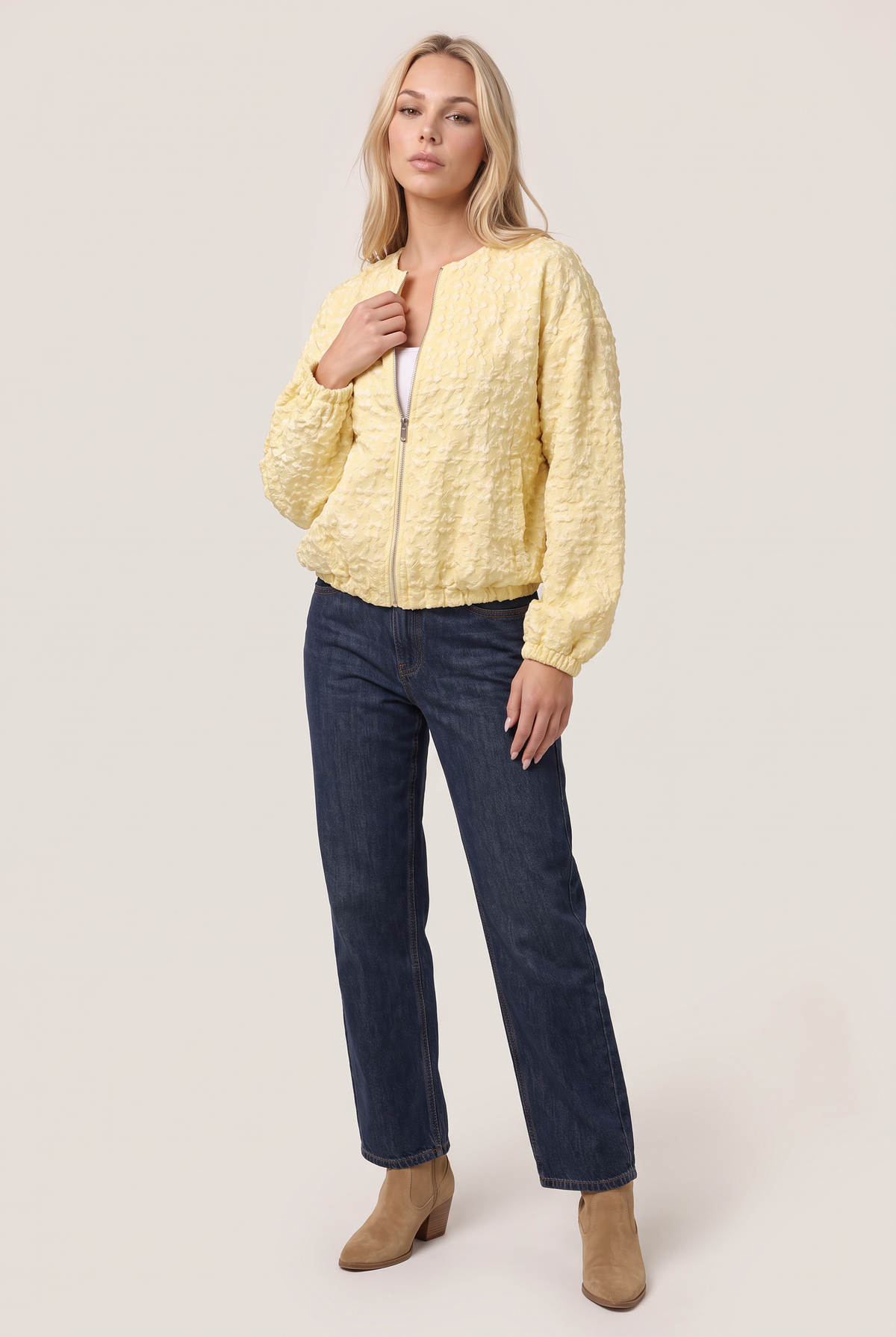Women’s Butter Yellow Bomber Jacket Textured Puff Sleeve