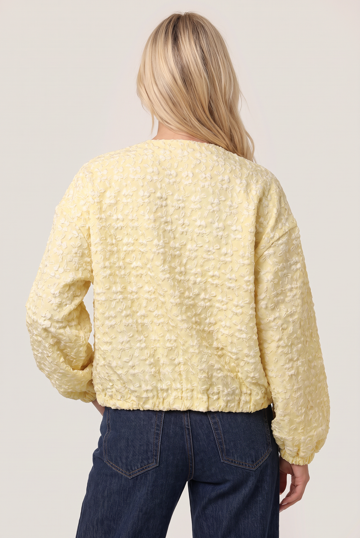 Women’s Butter Yellow Bomber Jacket Textured Puff Sleeve