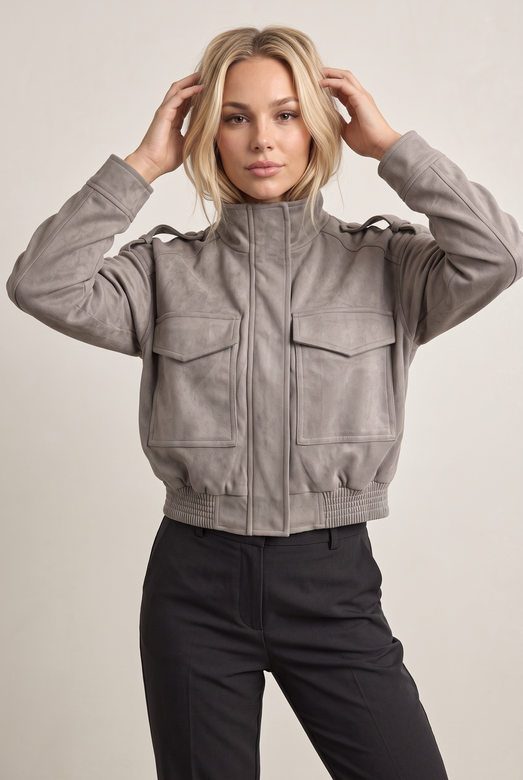 Women’s Light Grey Suede-Effect Utility Jacket