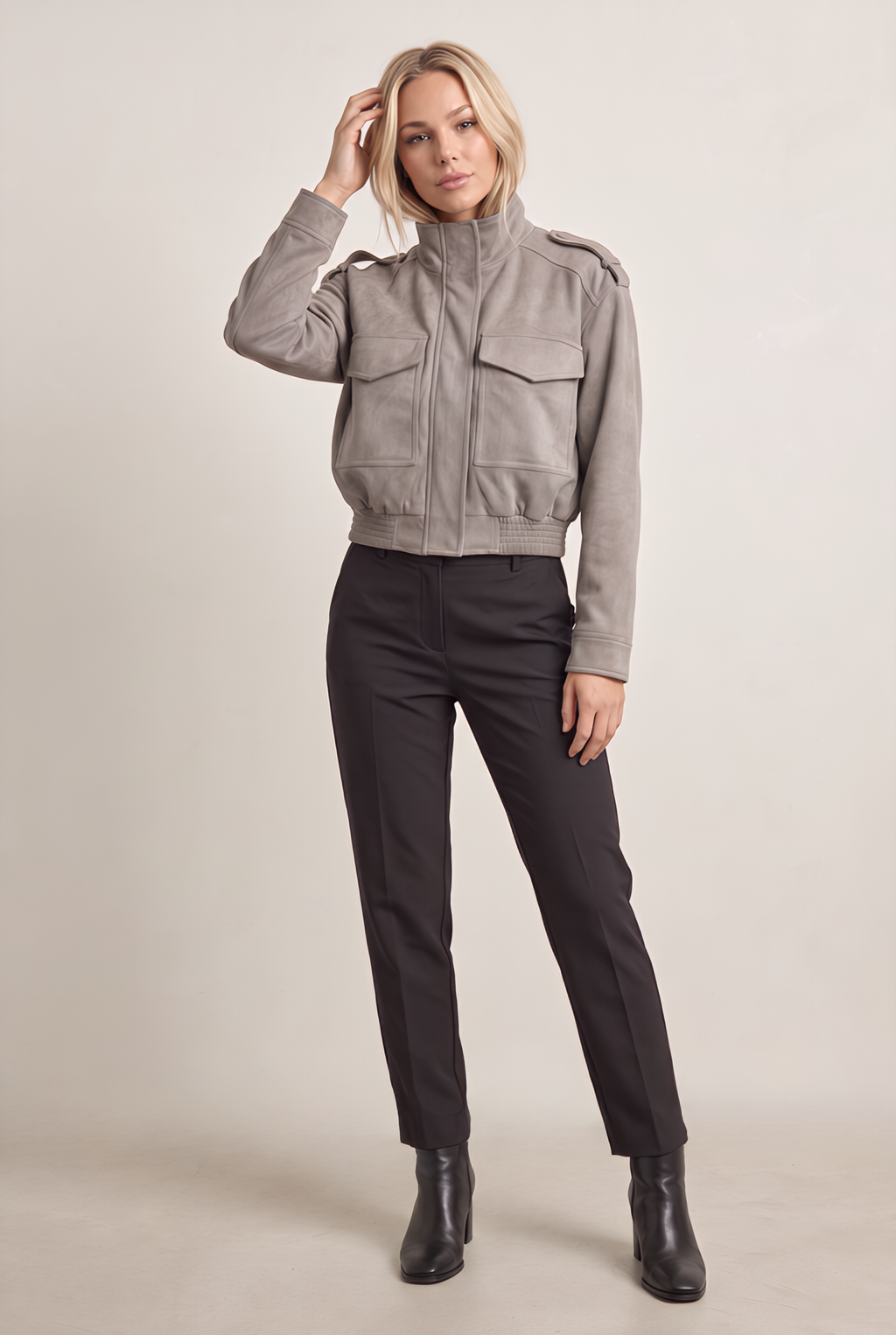Women’s Light Grey Suede-Effect Utility Jacket