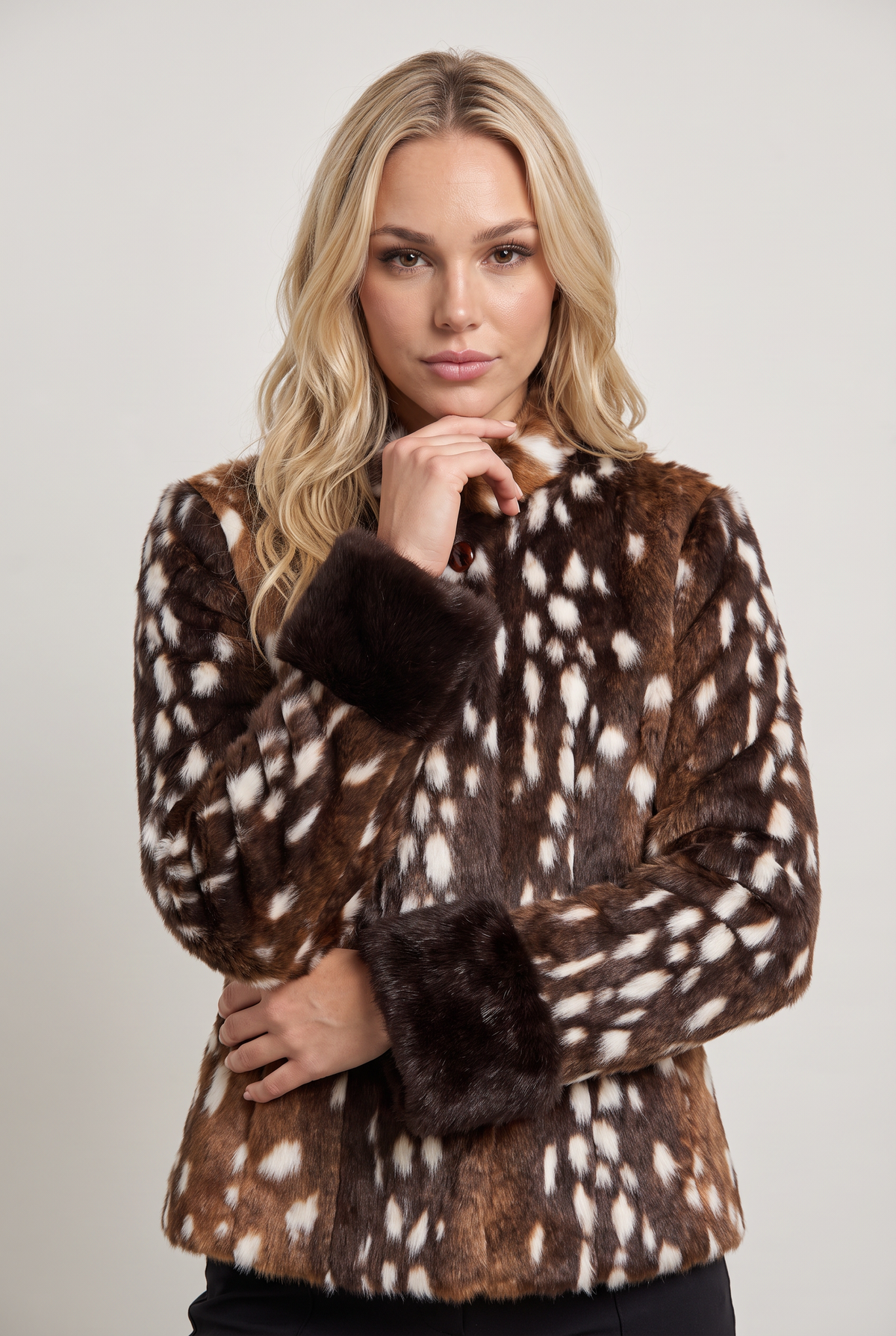 Women’s Faux Fur Jacket Fawn Print Cuff Detail