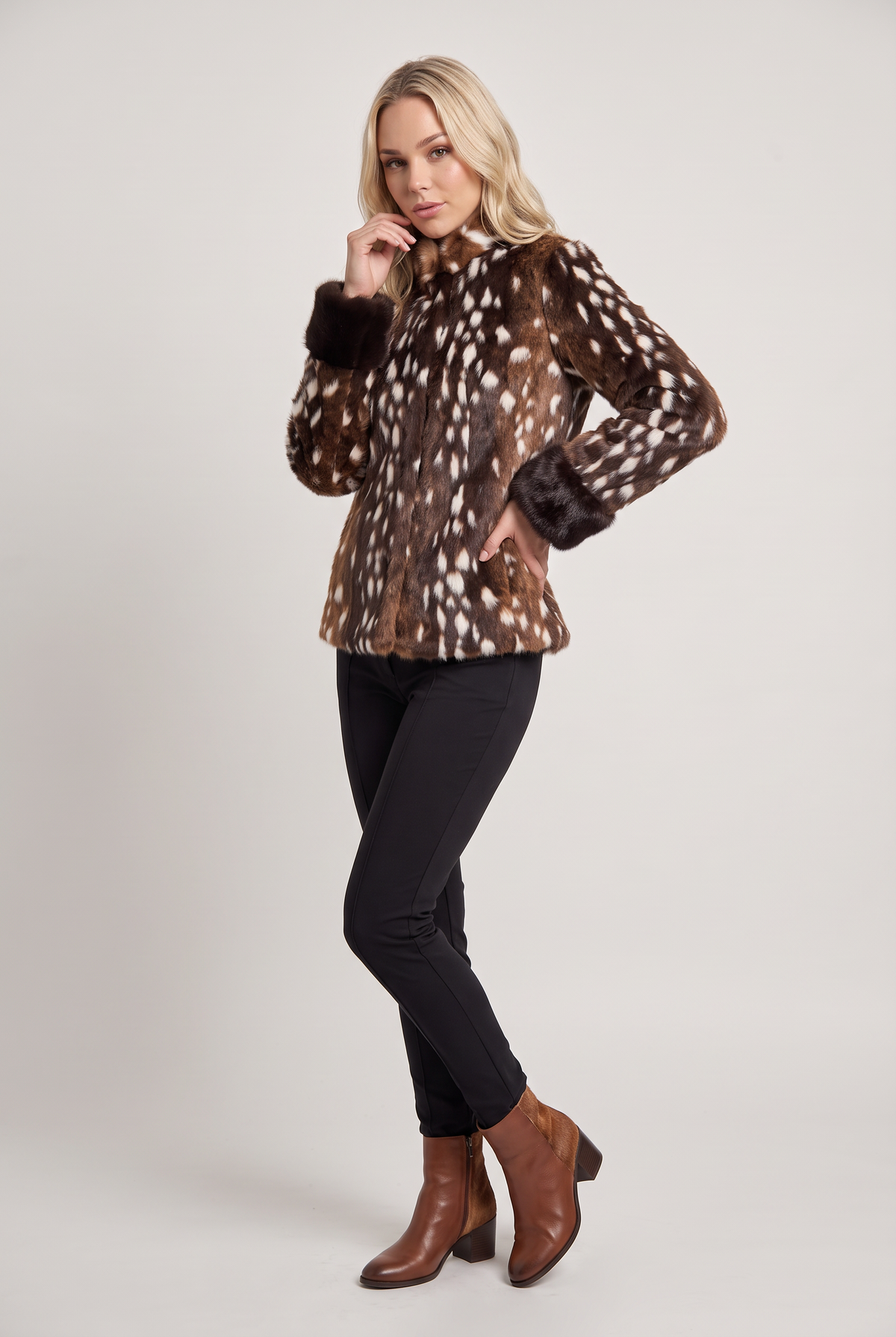 Women’s Faux Fur Jacket Fawn Print Cuff Detail