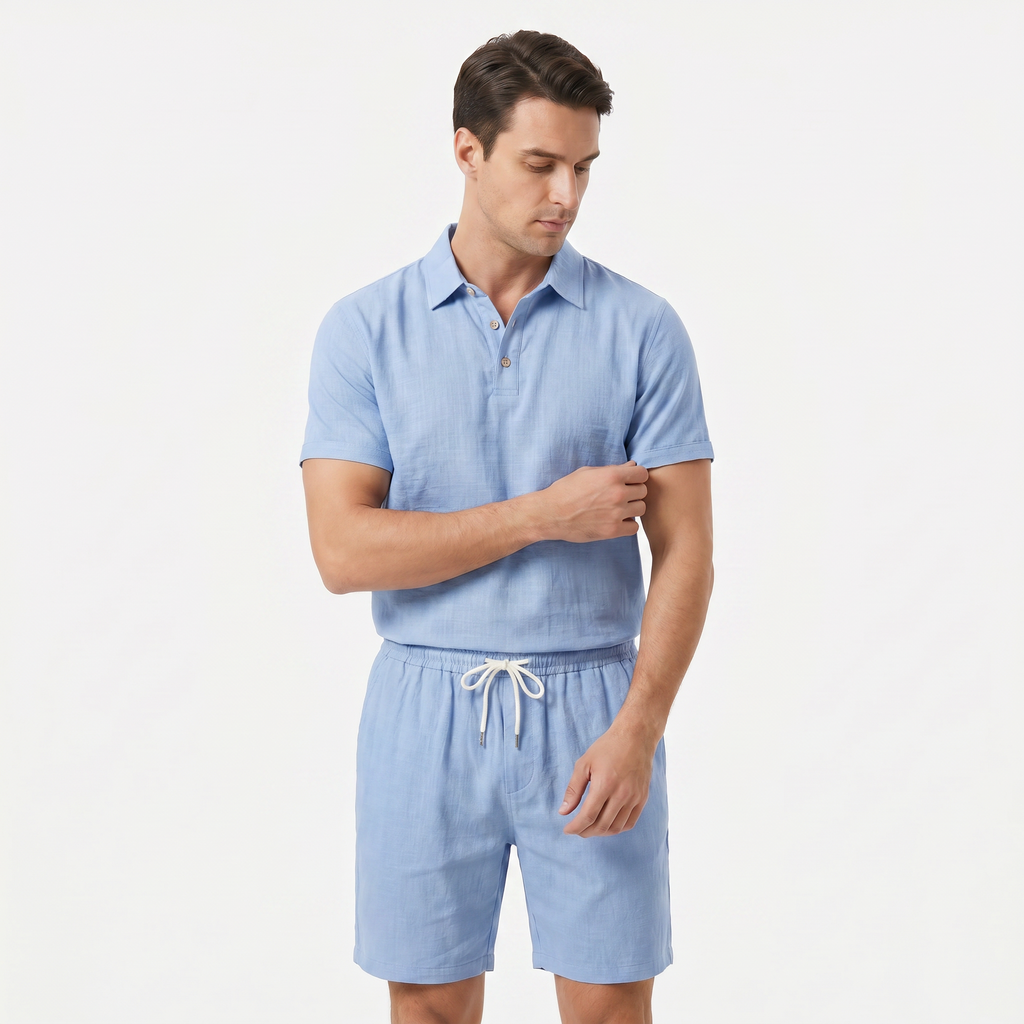 Men's Linen Short Sleeve Polo Shirt and Shorts Set