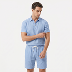 Men's Linen Short Sleeve Polo Shirt and Shorts Set