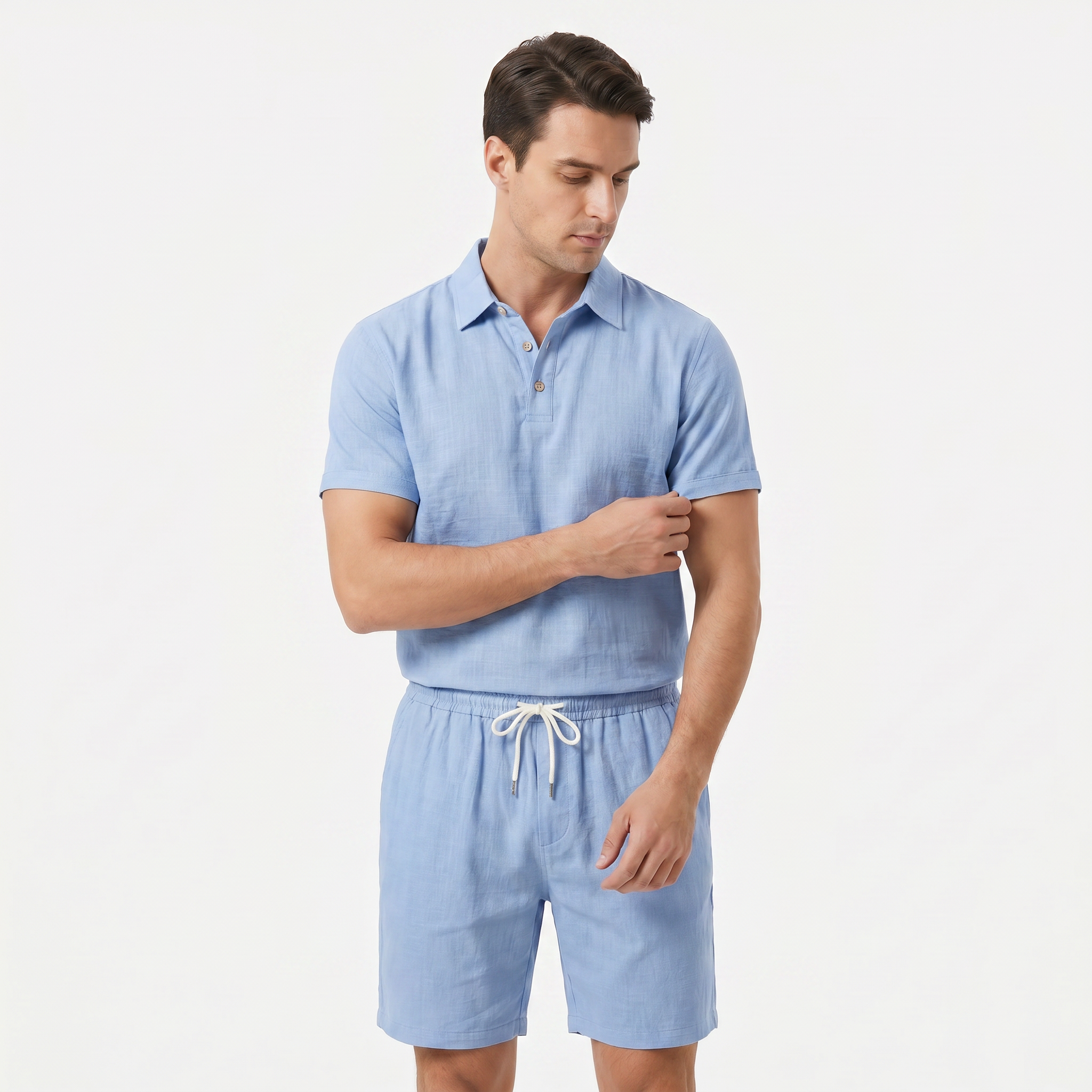 Men's Linen Short Sleeve Polo Shirt and Shorts Set