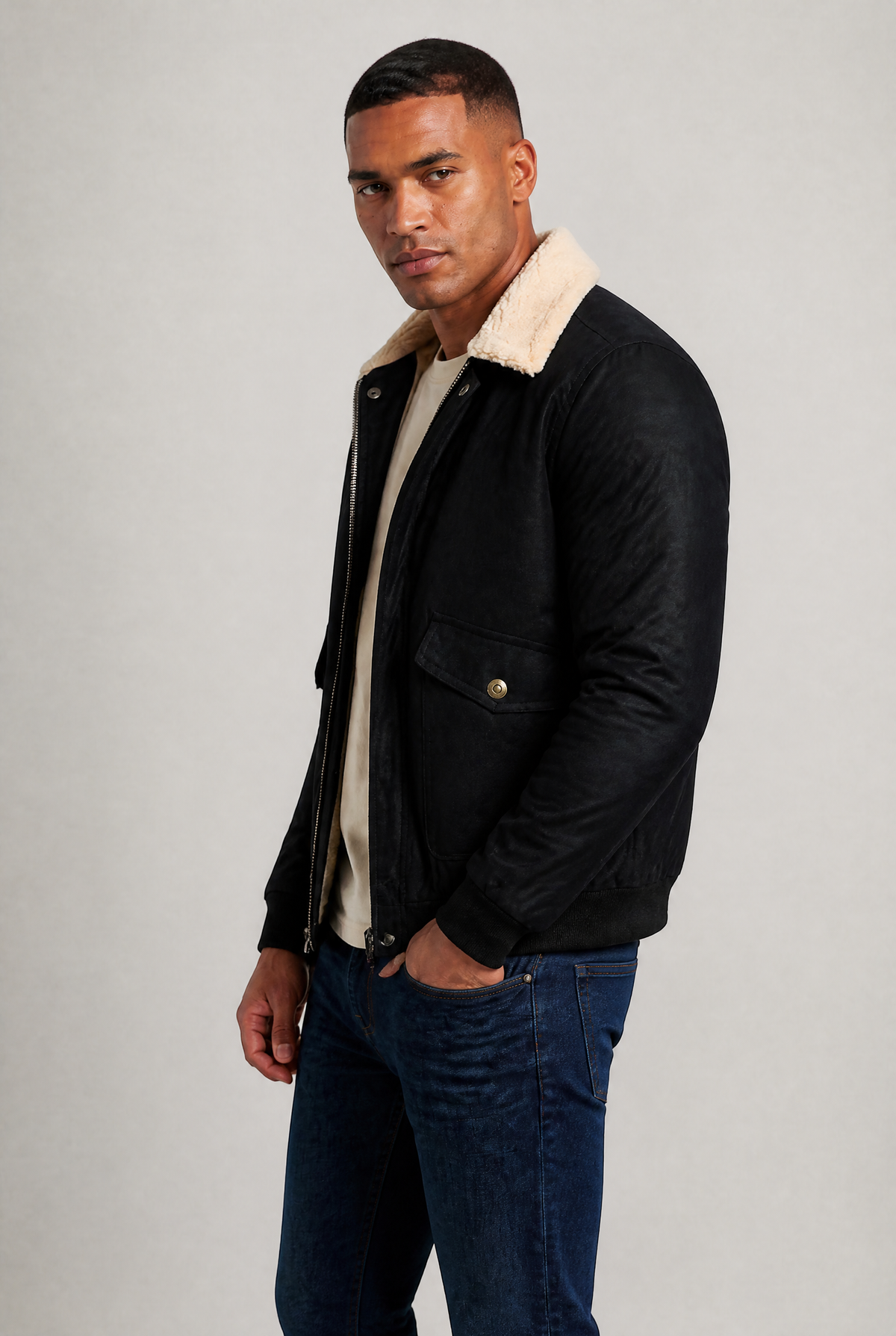 Men’s Fleece Lined Shearling Collar Aviator Jacket