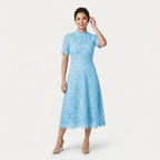 Women’s Elegant Lace Midi Dress – High Neck Silhouette with Refined Cutwork Detail
