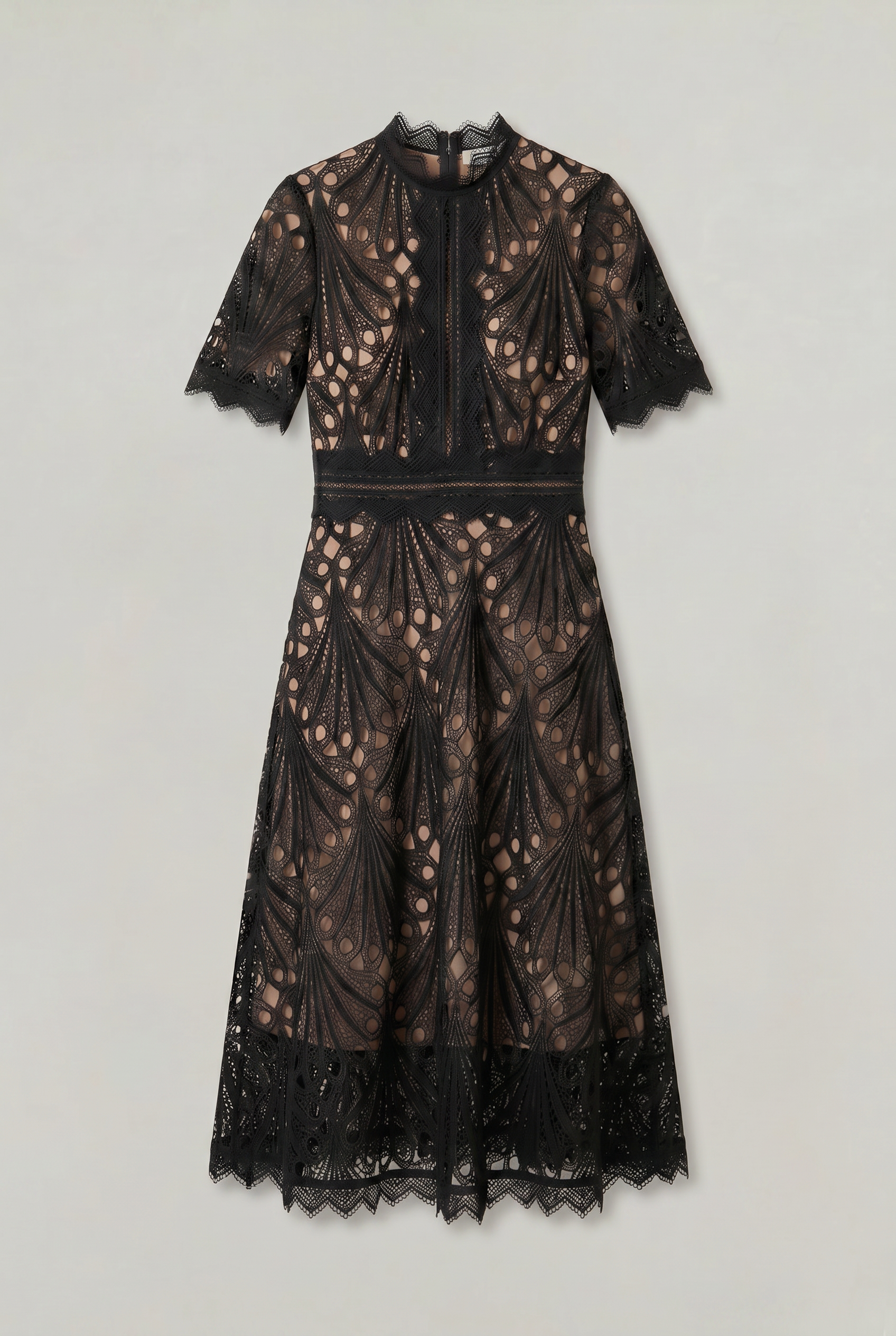 Women’s Elegant Lace Midi Dress – High Neck Silhouette with Refined Cutwork Detail