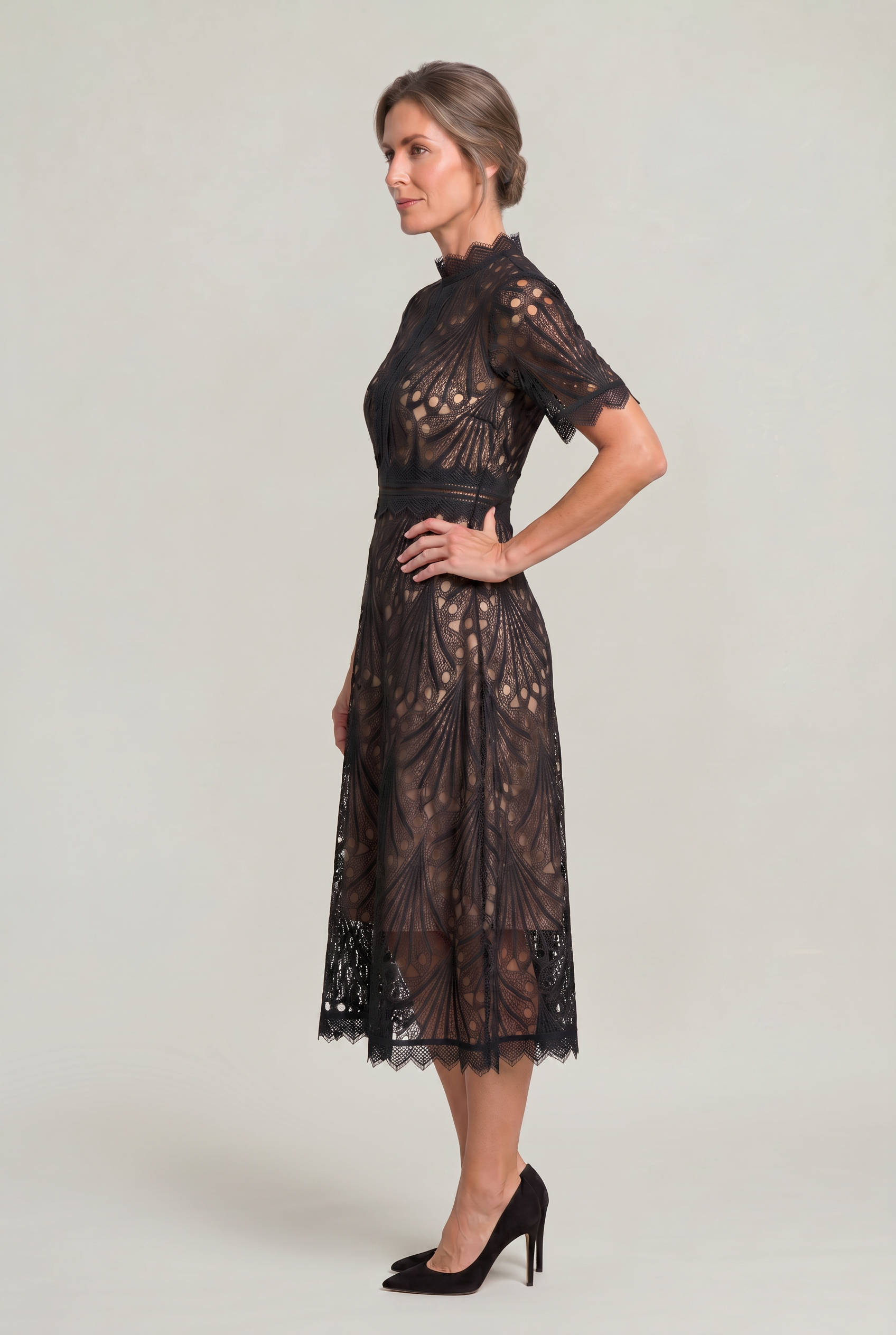 Women’s Elegant Lace Midi Dress – High Neck Silhouette with Refined Cutwork Detail
