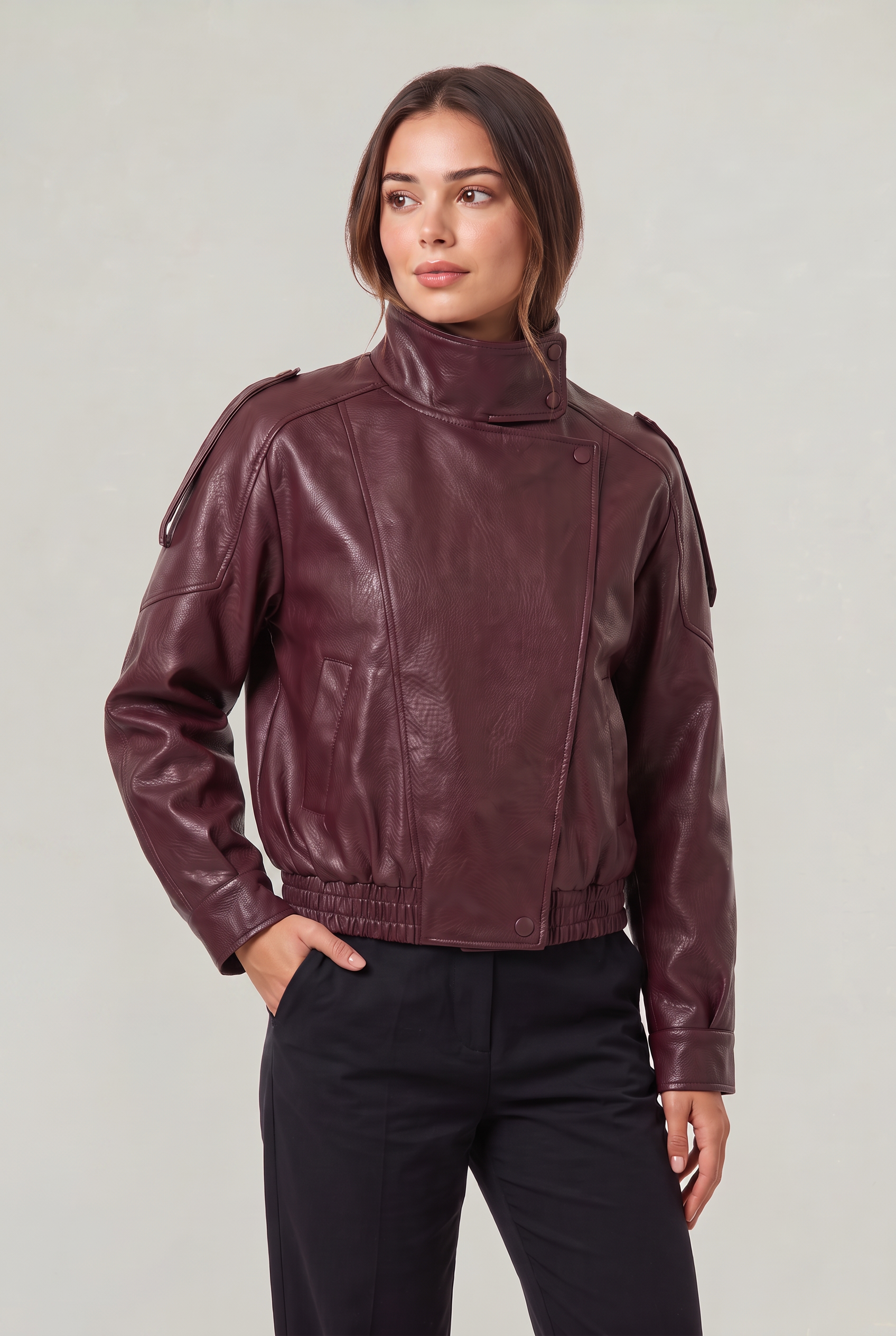 Women's Oversized Faux Leather Biker Jacket – High Neck Zip-Up Jacket