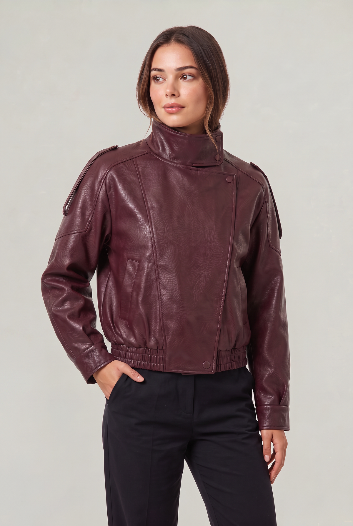 Women's Oversized Faux Leather Biker Jacket – High Neck Zip-Up Jacket