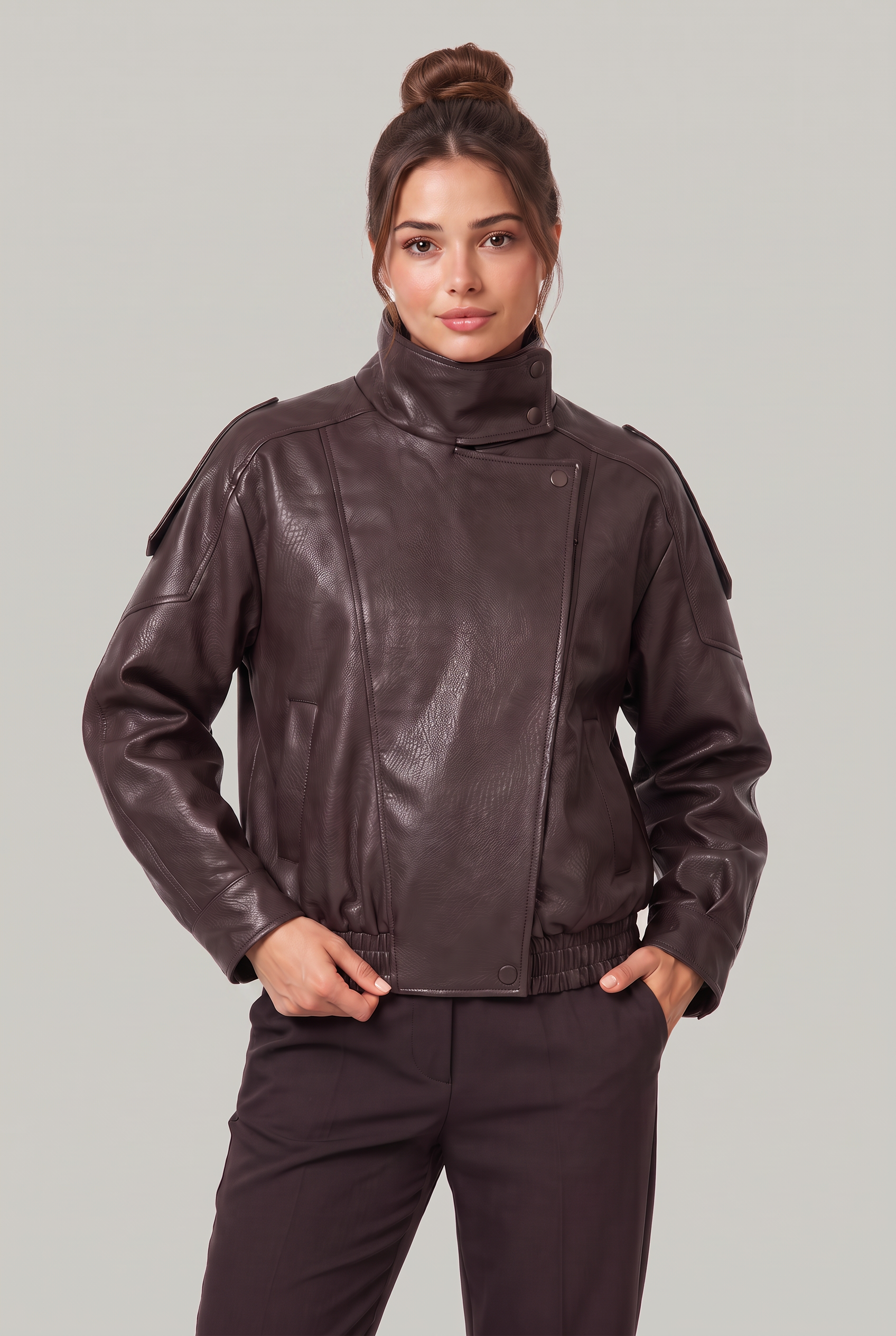 Women's Oversized Faux Leather Biker Jacket – High Neck Zip-Up Jacket