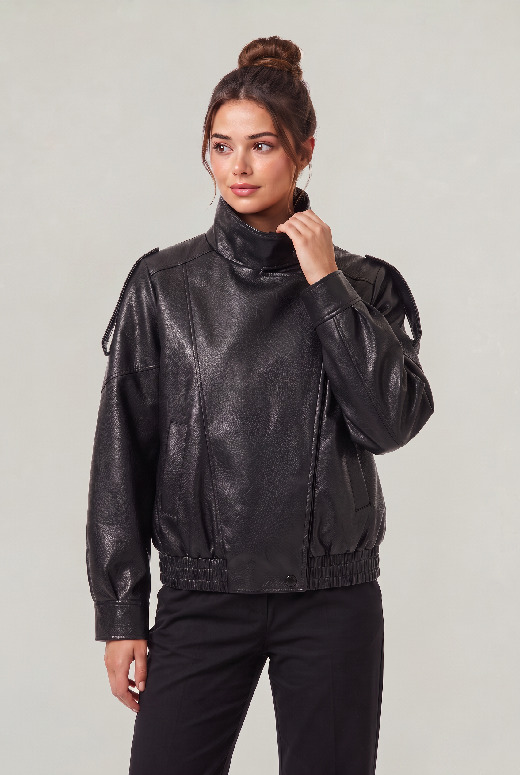 Women's Oversized Faux Leather Biker Jacket – High Neck Zip-Up Jacket