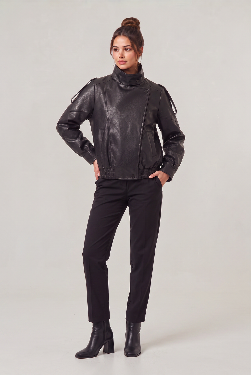 Women's Oversized Faux Leather Biker Jacket – High Neck Zip-Up Jacket