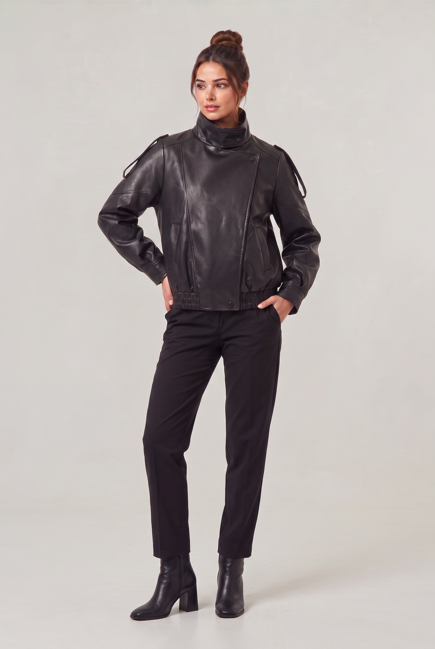 Women's Oversized Faux Leather Biker Jacket – High Neck Zip-Up Jacket