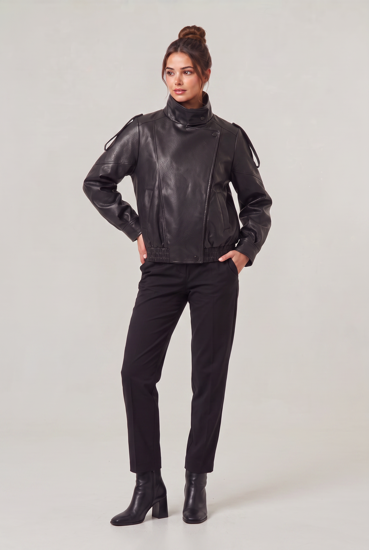Women's Oversized Faux Leather Biker Jacket – High Neck Zip-Up Jacket