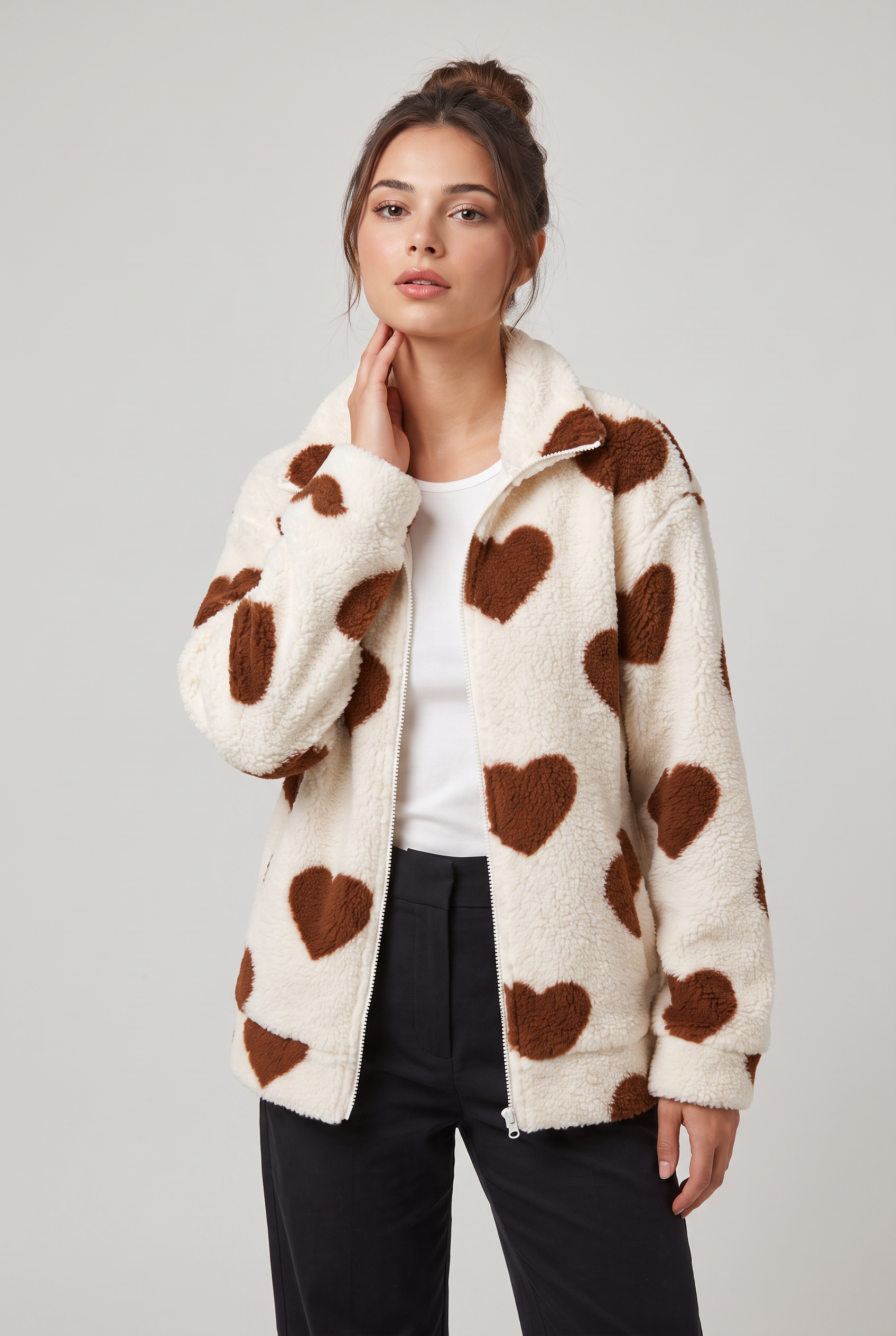 Women's Heart Print Teddy Fleece Jacket