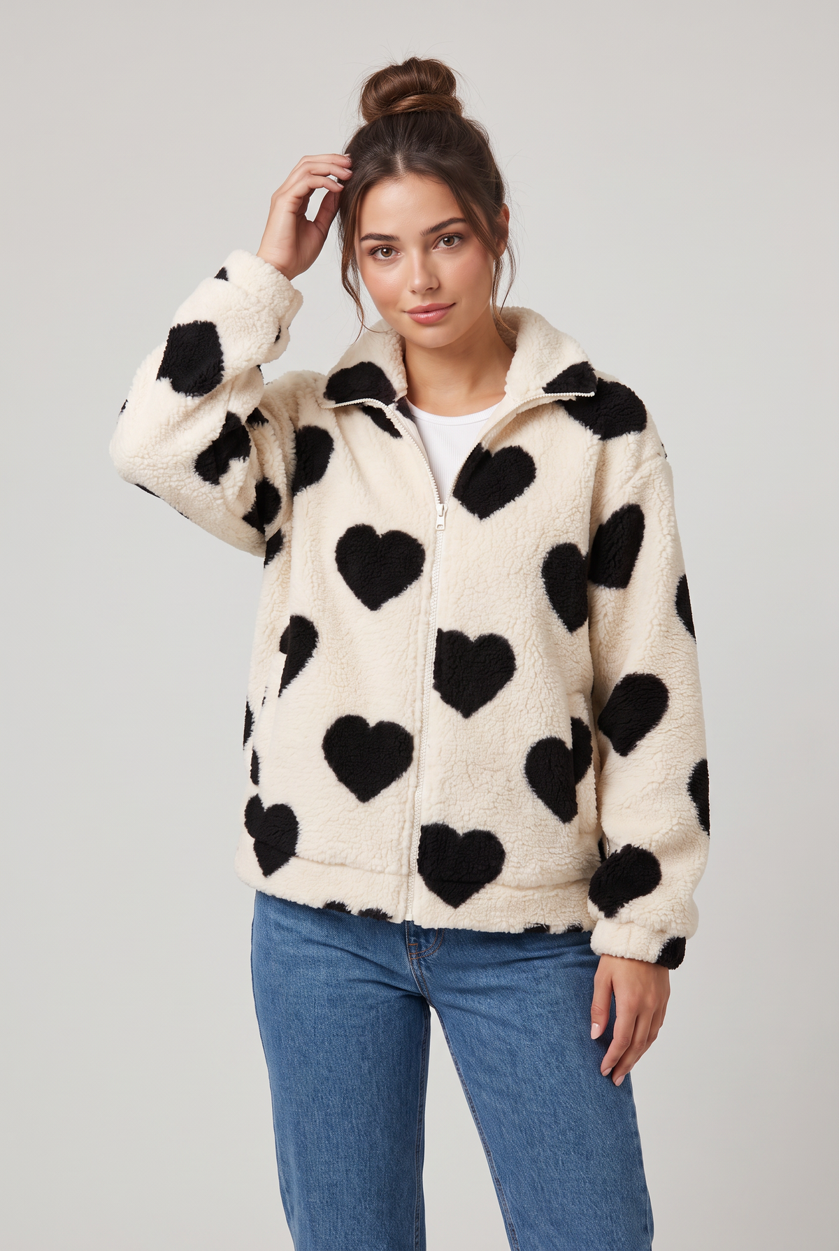 Women's Heart Print Teddy Fleece Jacket