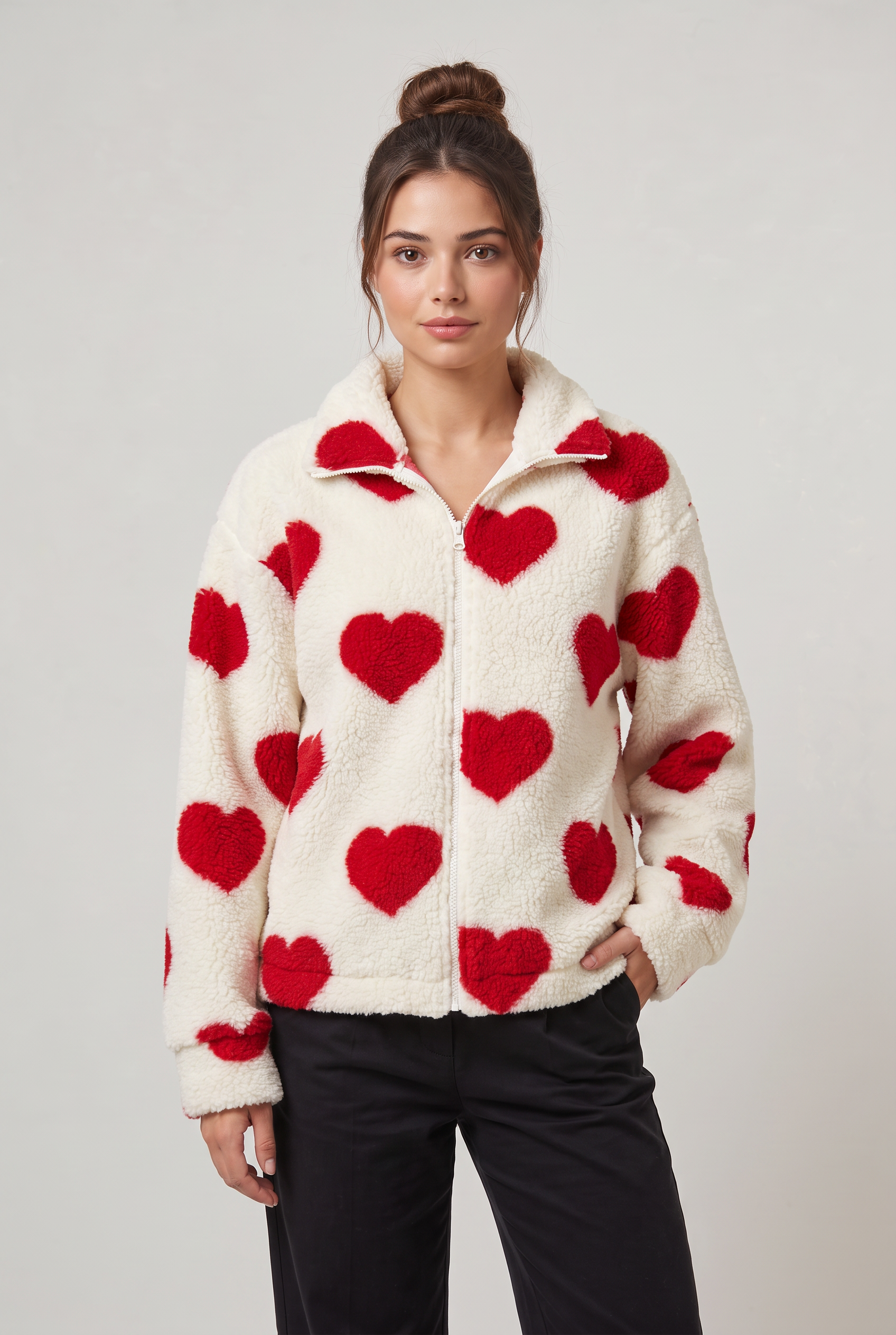 Women's Heart Print Teddy Fleece Jacket