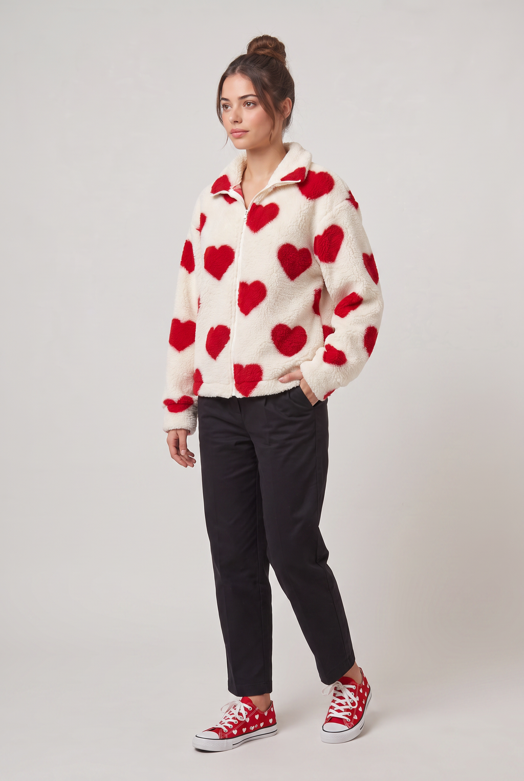 Women's Heart Print Teddy Fleece Jacket