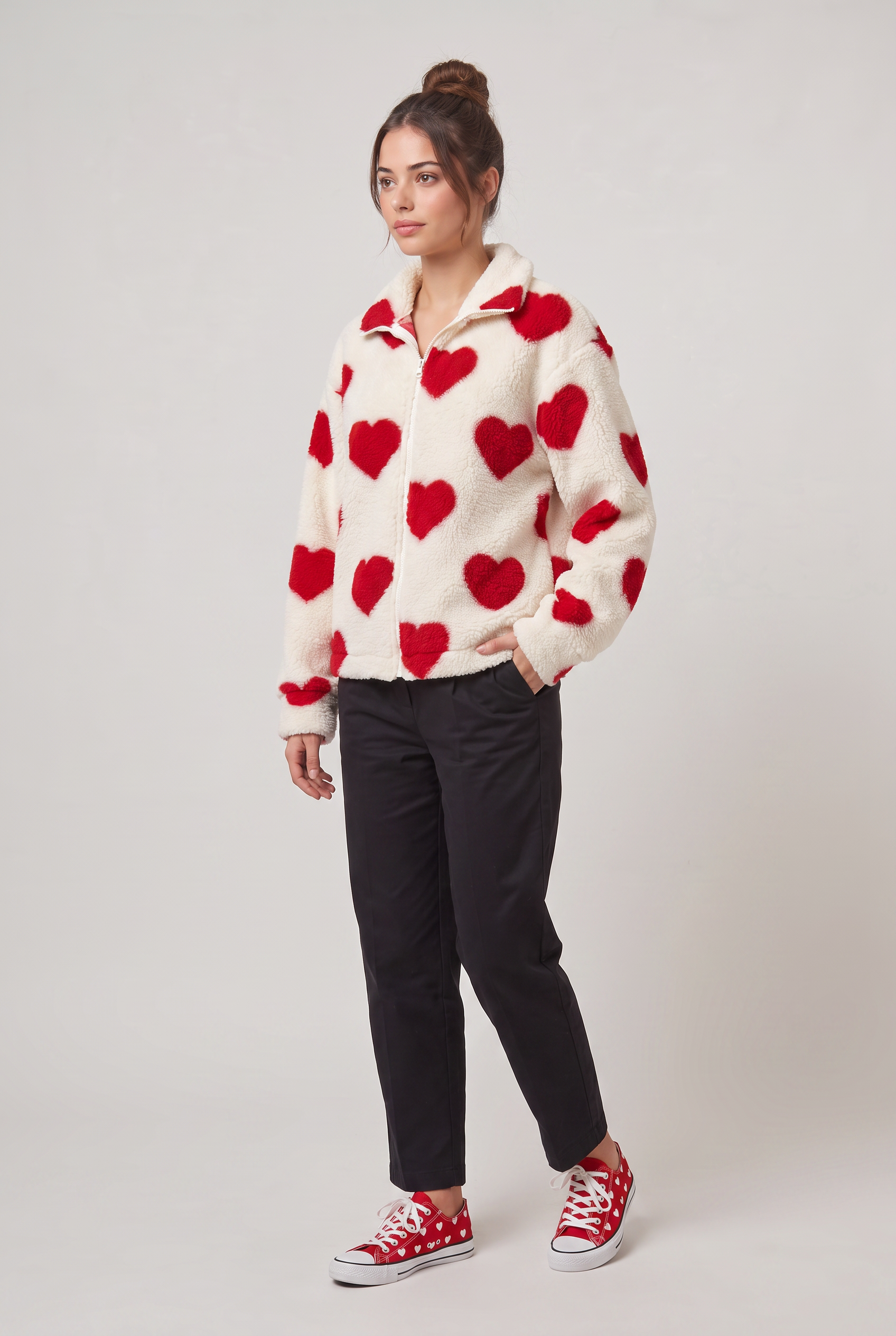 Women's Heart Print Teddy Fleece Jacket