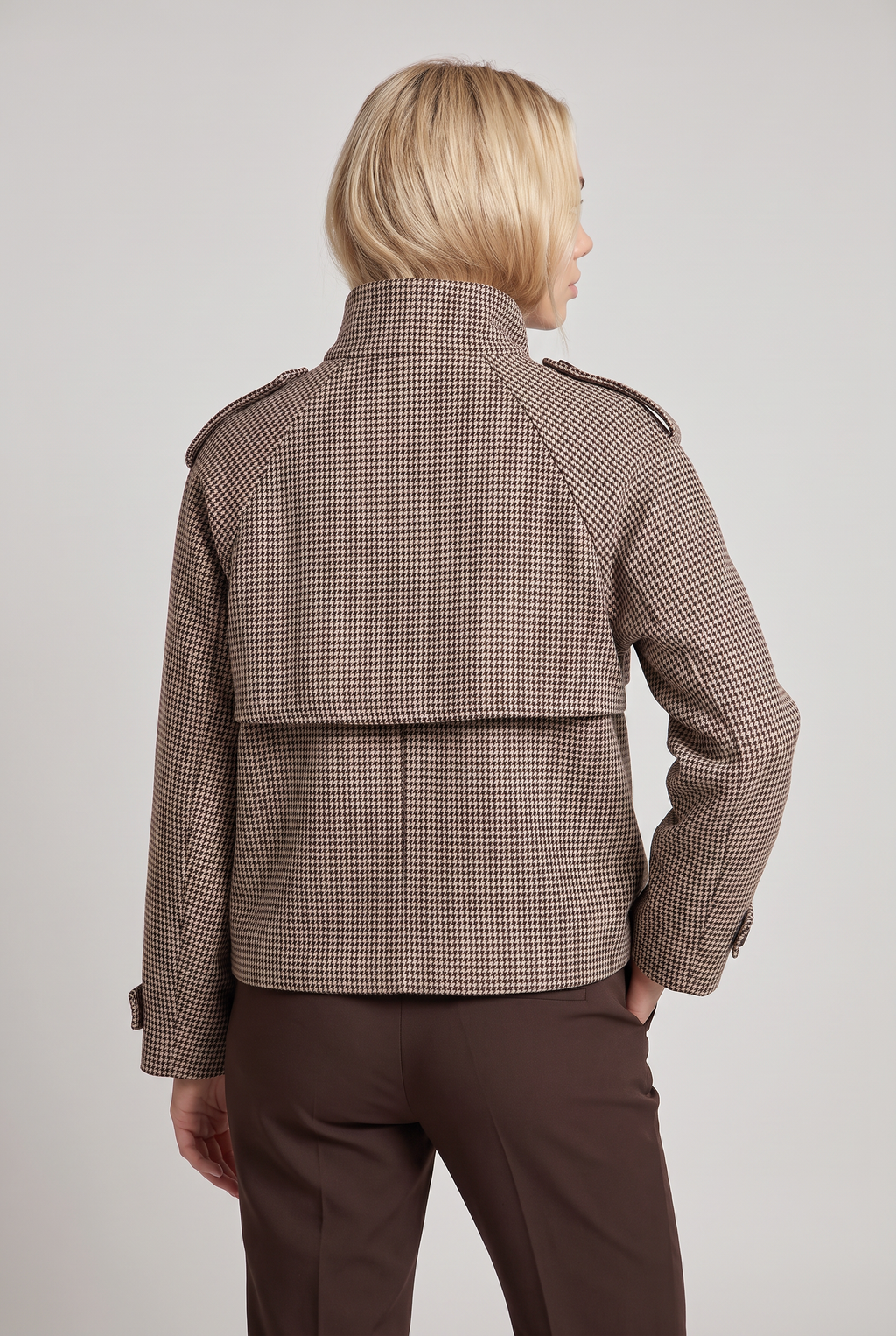 Women’s Houndstooth Funnel Neck Double-Breasted Jacket