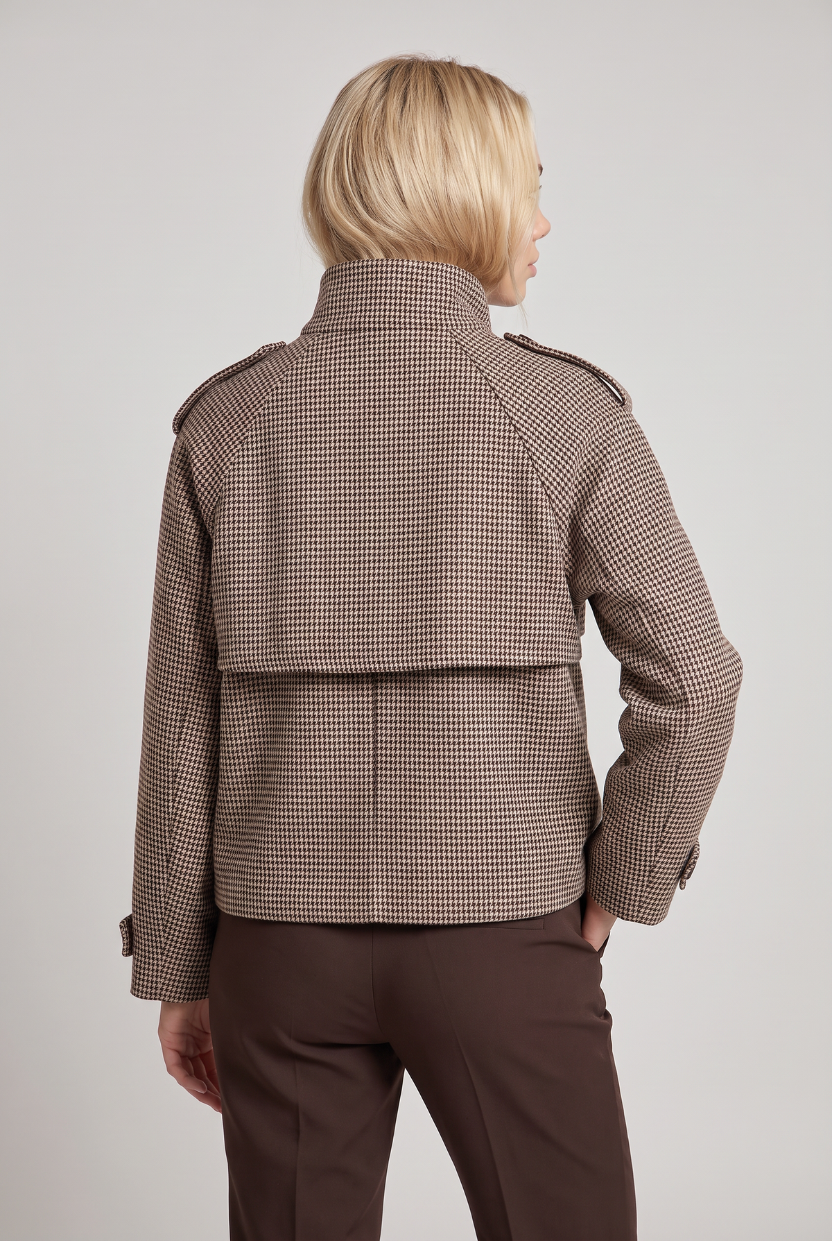 Women’s Houndstooth Funnel Neck Double-Breasted Jacket