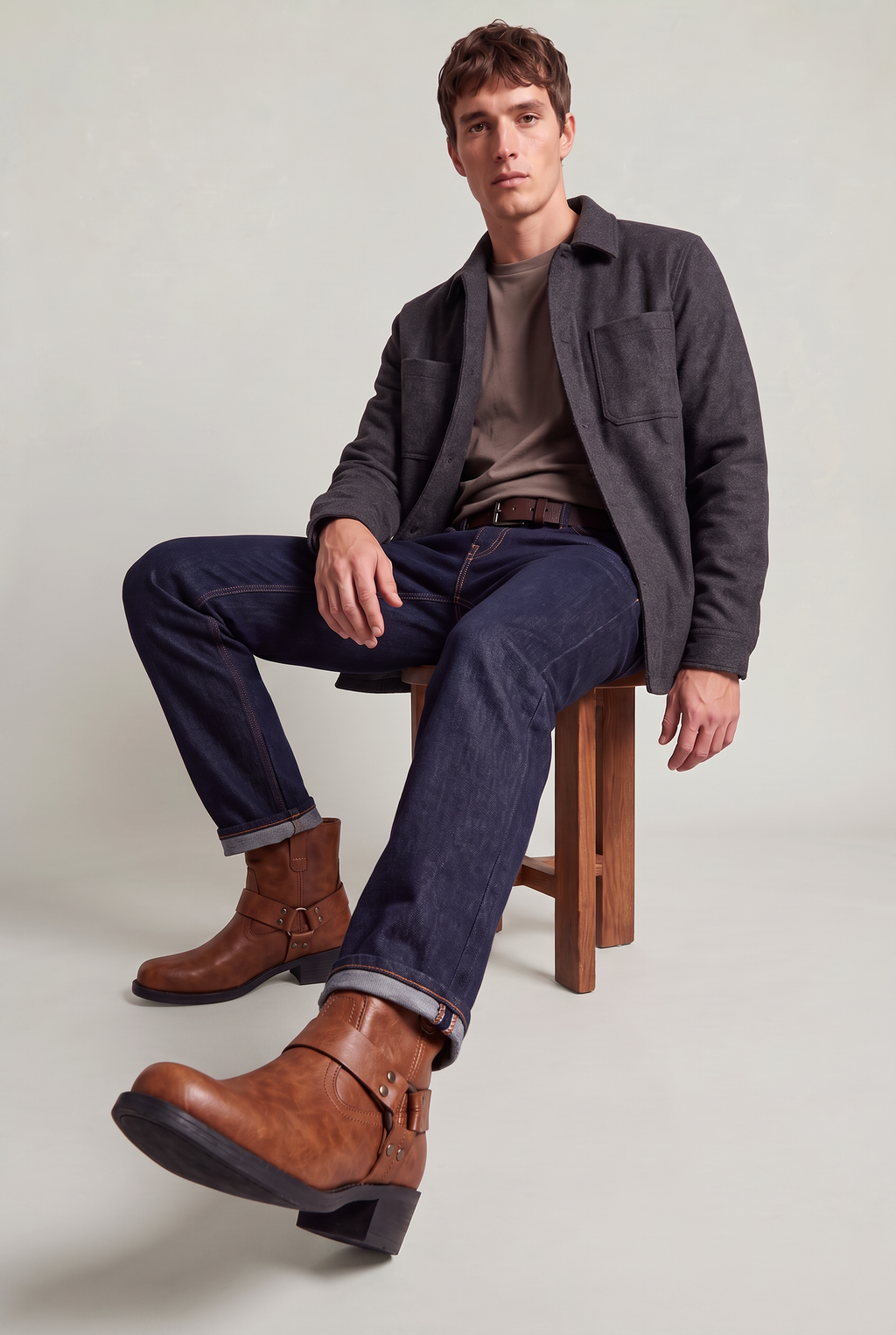 Men’s Leather Side-Zip Harness Ankle Boots
