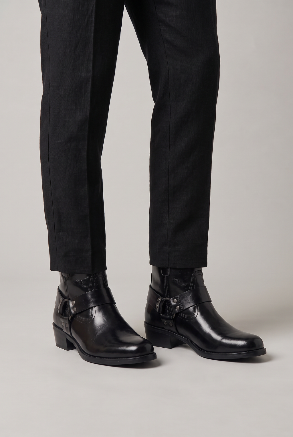 Men’s Leather Side-Zip Harness Ankle Boots