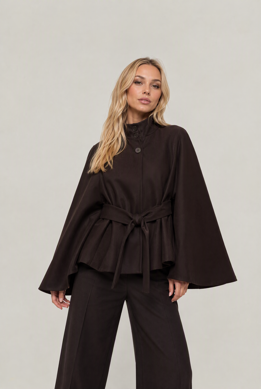 Women’s Belted Cape Jacket - Stand Collar Coat