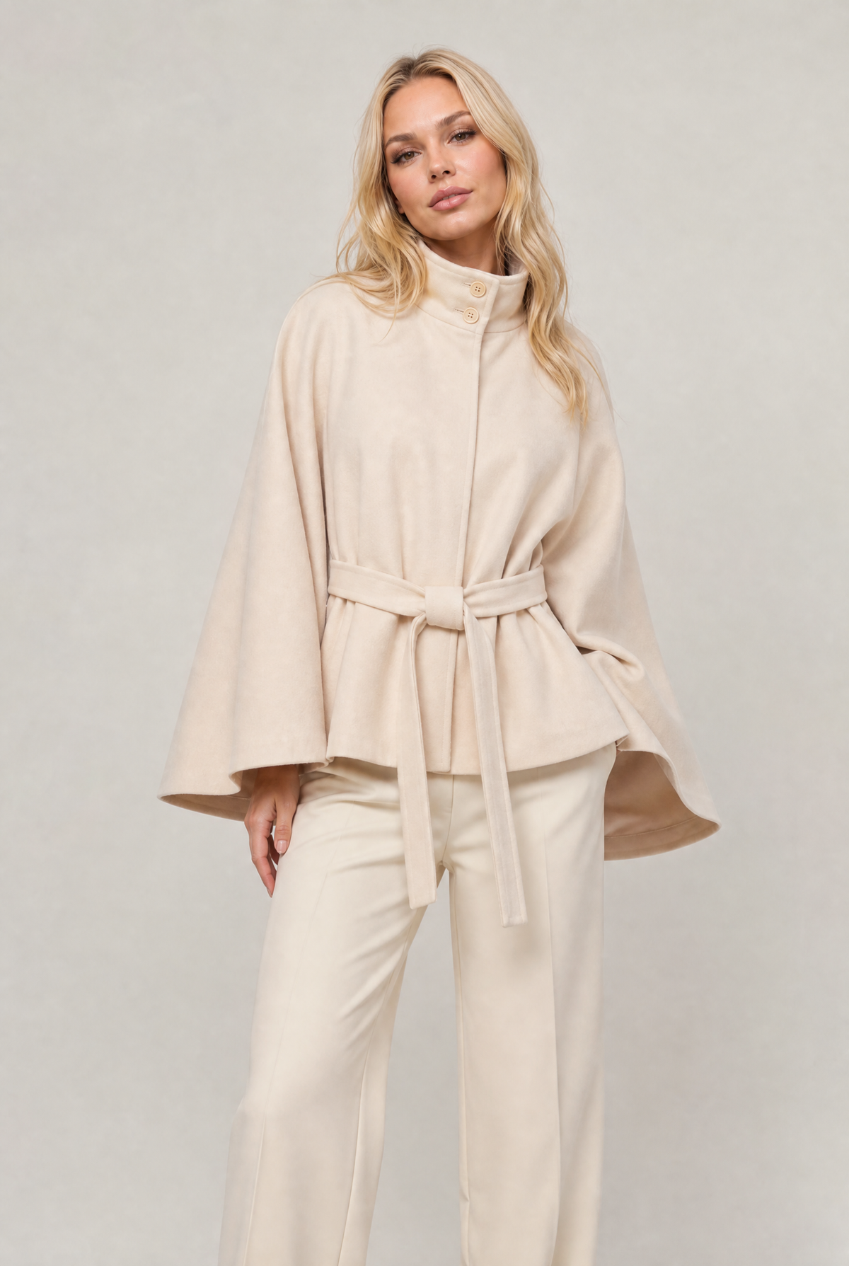 Women’s Belted Cape Jacket - Stand Collar Coat