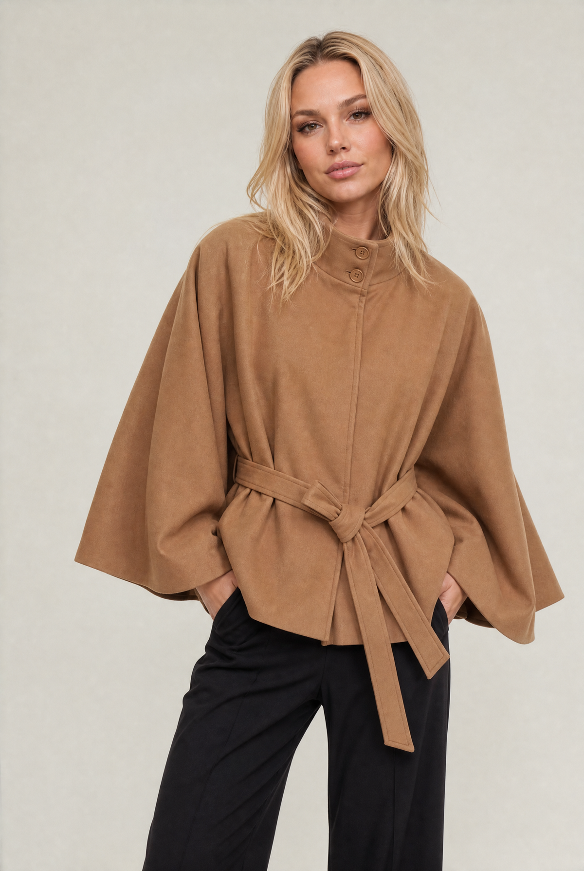 Women’s Belted Cape Jacket - Stand Collar Coat