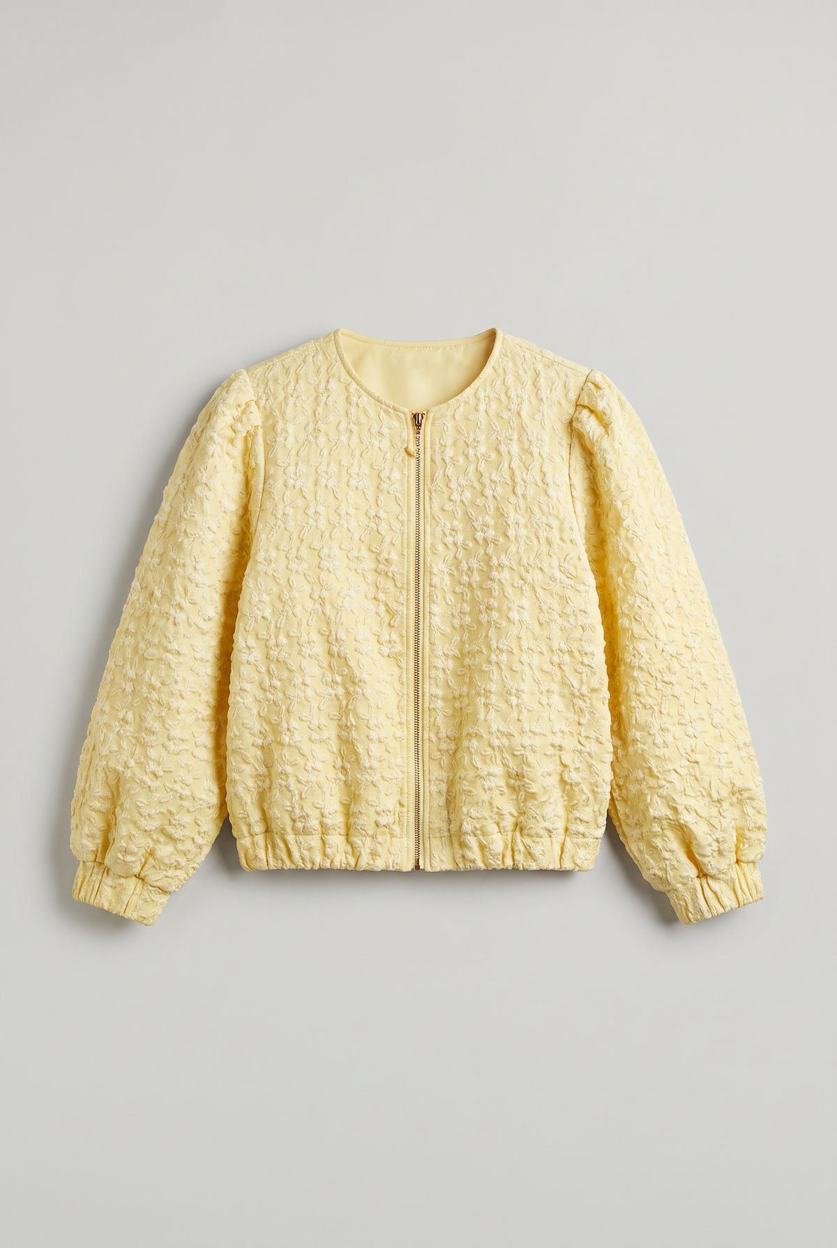 Women’s Butter Yellow Bomber Jacket Textured Puff Sleeve