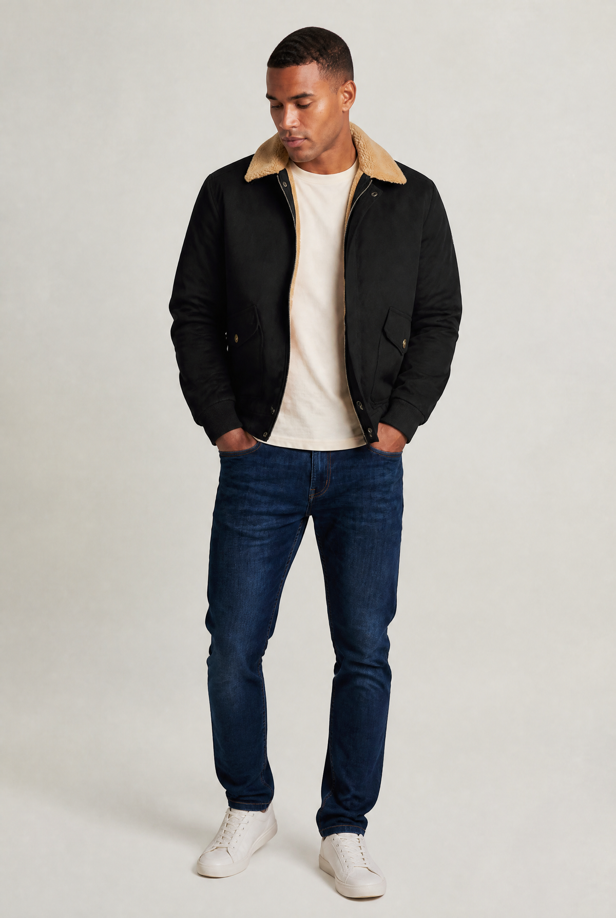 Men’s Fleece Lined Shearling Collar Aviator Jacket