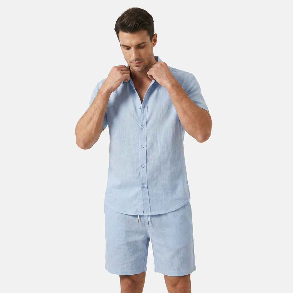 Men's Linen Buttoned Short Sleeve Shirt and Shorts Two Piece Set