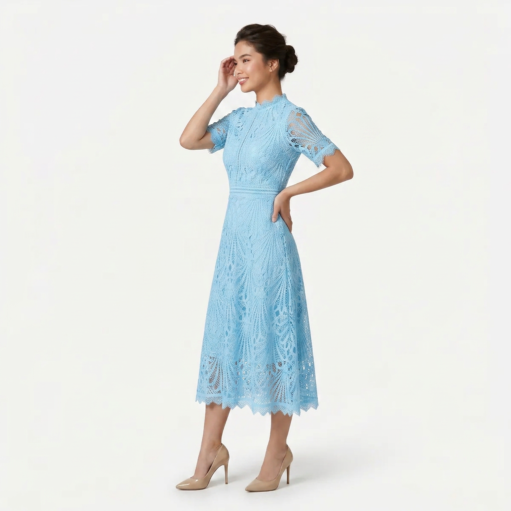 Women’s Elegant Lace Midi Dress – High Neck Silhouette with Refined Cutwork Detail