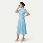 Women’s Elegant Lace Midi Dress – High Neck Silhouette with Refined Cutwork Detail