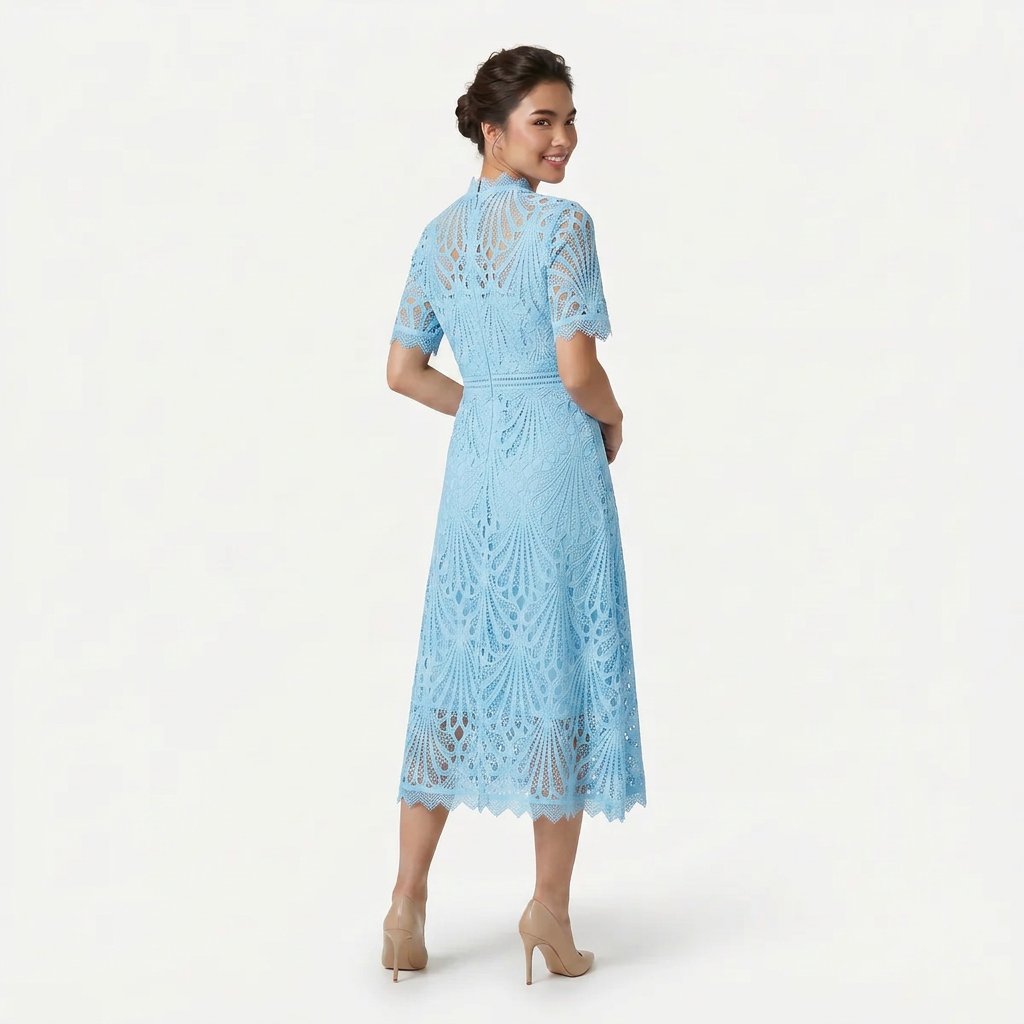 Women’s Elegant Lace Midi Dress – High Neck Silhouette with Refined Cutwork Detail
