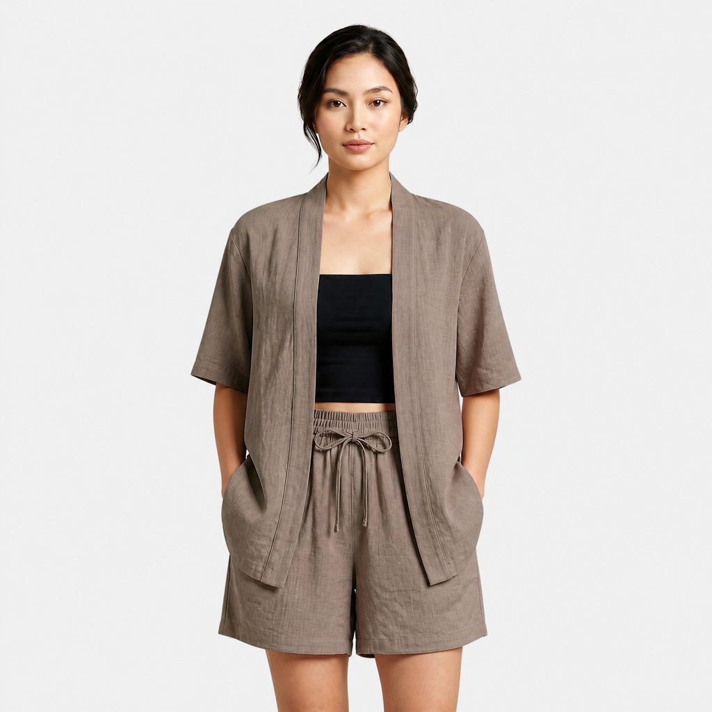 Women's Linen Cardigan and Shorts Two Piece Set