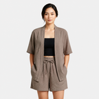 Women's Linen Cardigan and Shorts Two Piece Set
