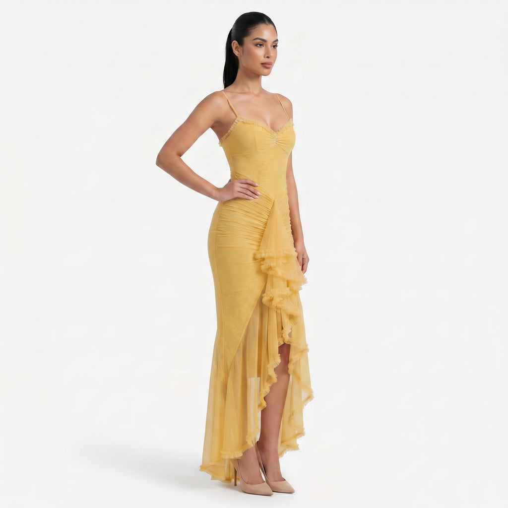 Women's Sweetheart Ruched Asymmetric Ruffle Maxi Dress