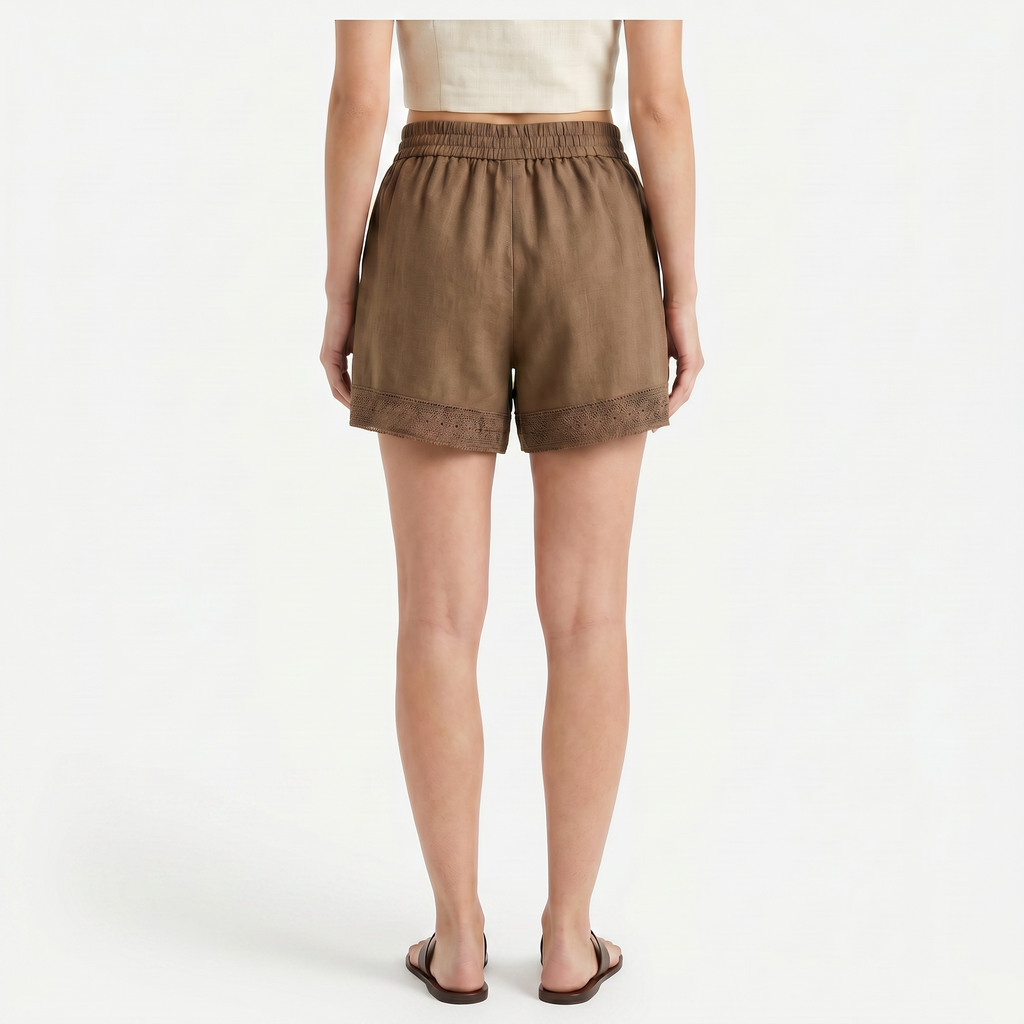 Women's Linen Lace Trim Drawstring Elastic Waist Shorts