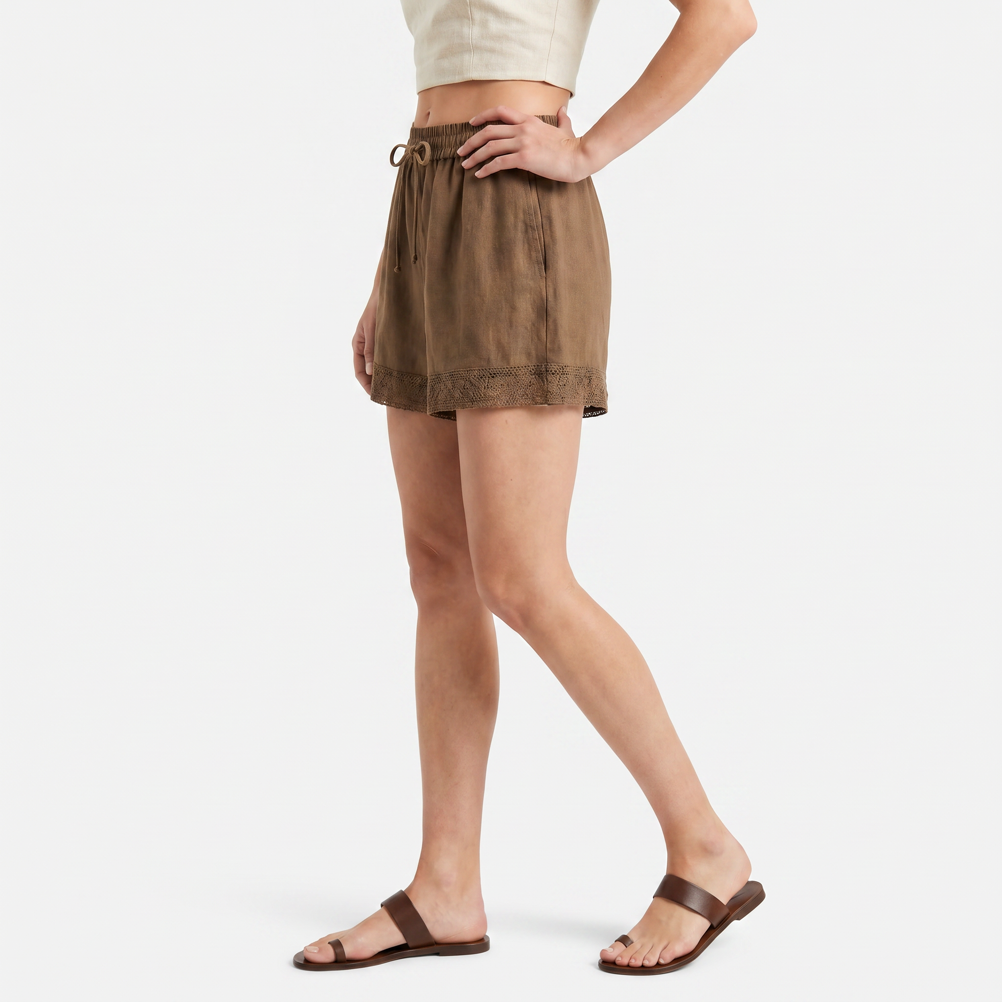 Women's Linen Lace Trim Drawstring Elastic Waist Shorts