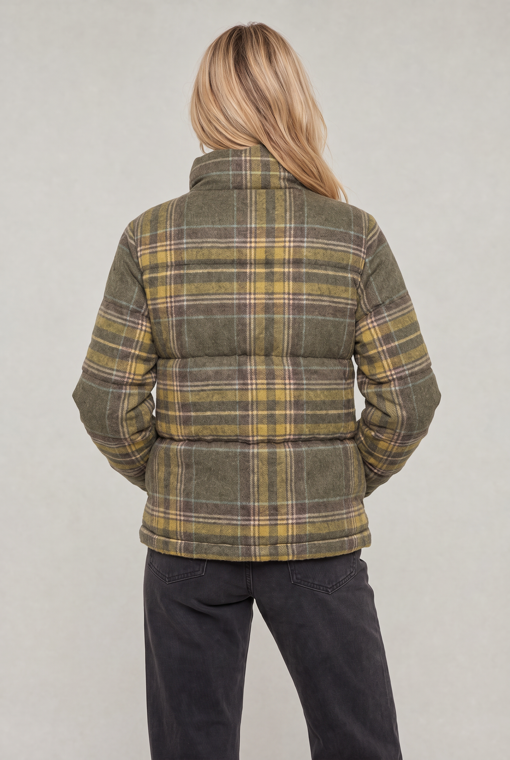 Women’s Checked Puffer Jacket Funnel Neck