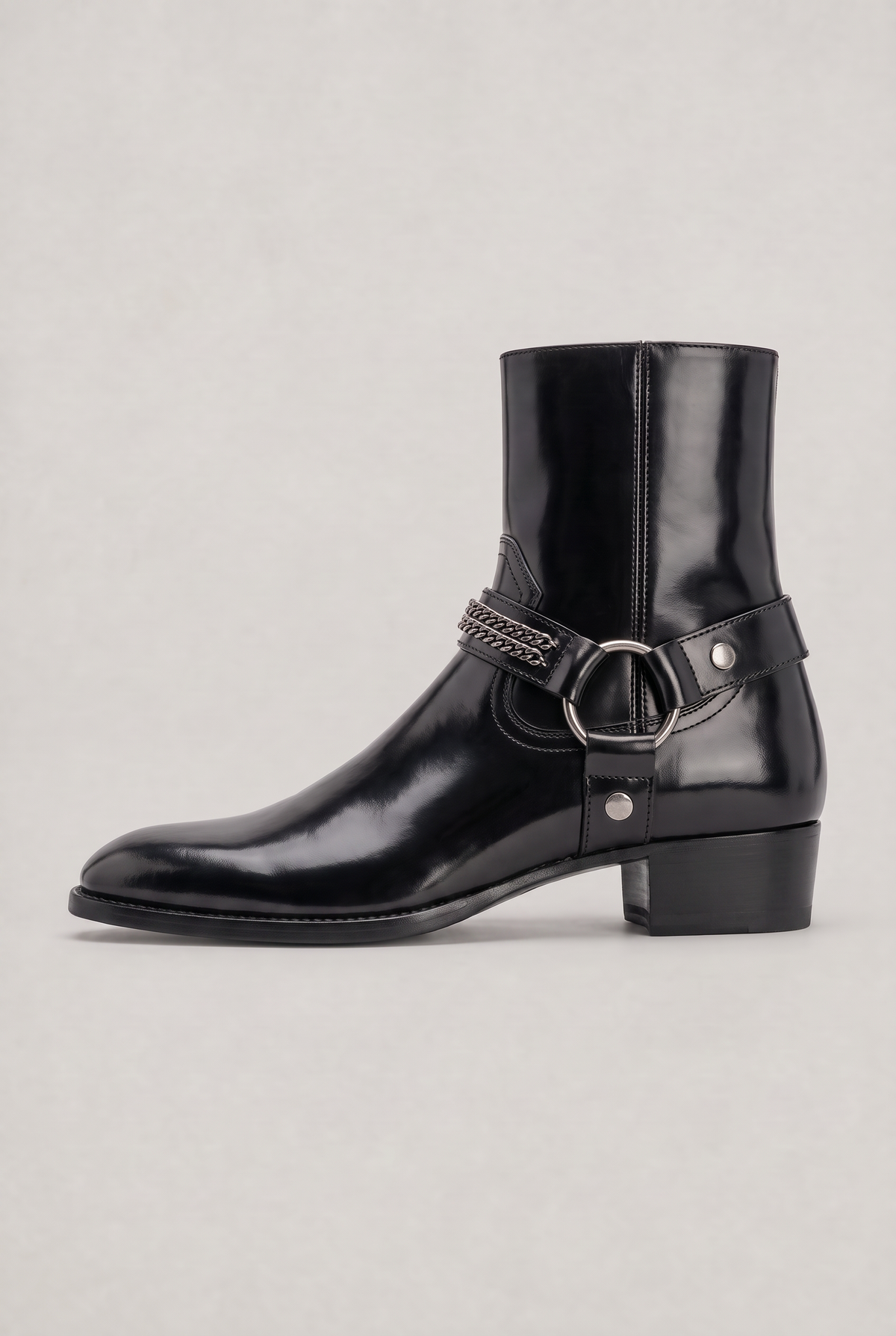 Men's Harness Boots - Chain Strap Ankle Boots with Side Zip