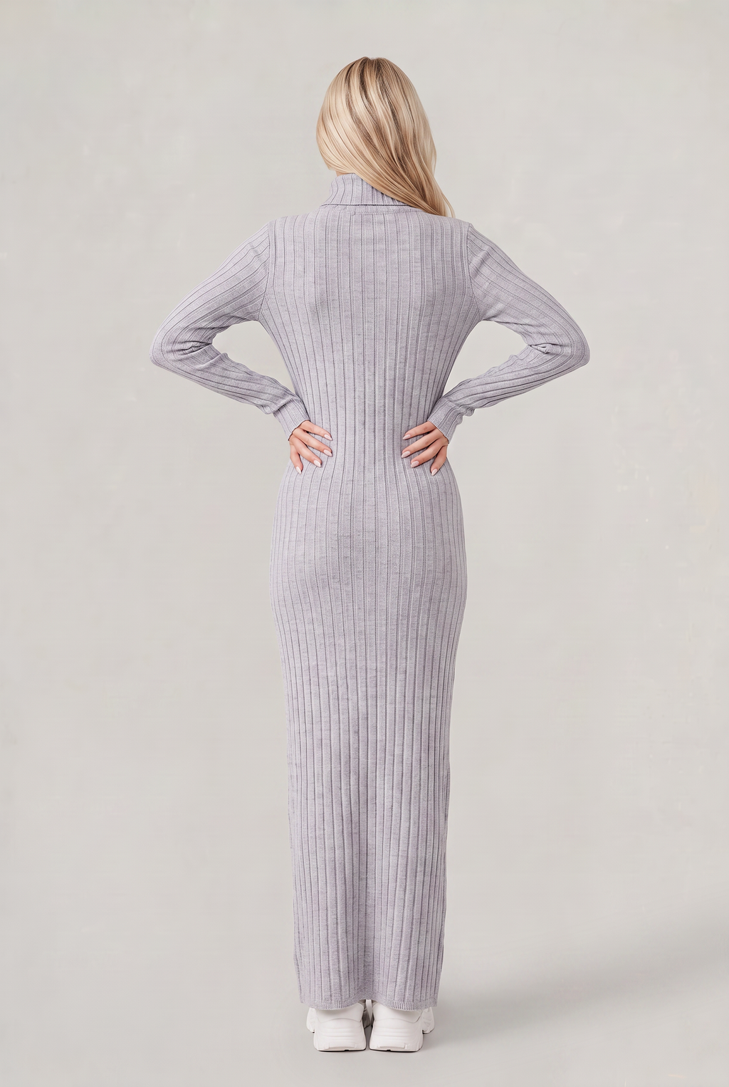 Women’s Knitted Midi Dress Long Sleeve Polo Collar Ribbed