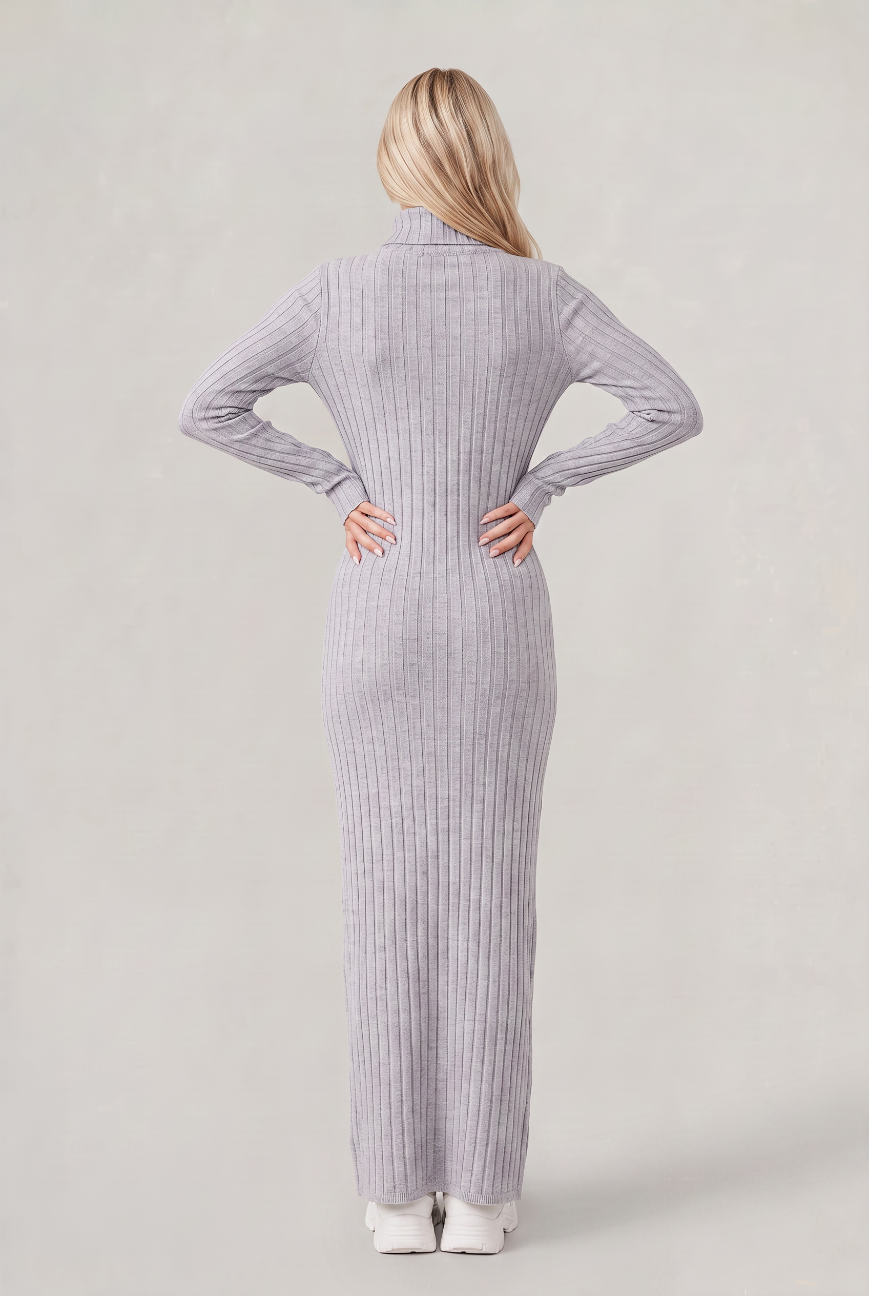 Women’s Knitted Midi Dress Long Sleeve Polo Collar Ribbed