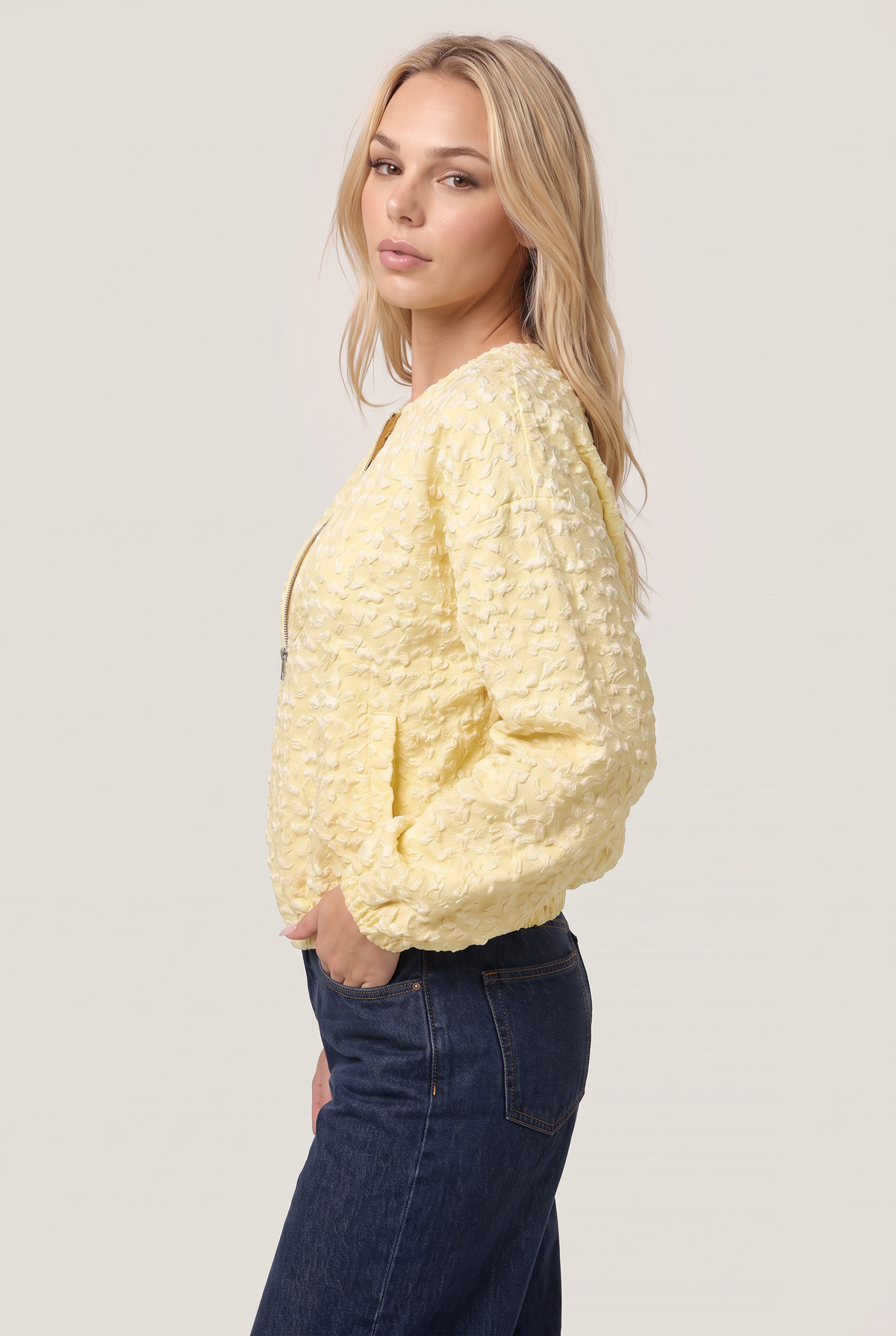Women’s Butter Yellow Bomber Jacket Textured Puff Sleeve