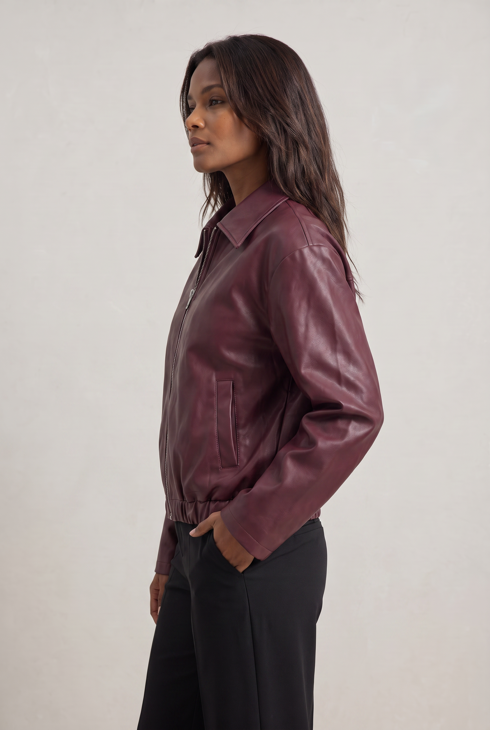 Women's Faux Leather Oversized Jacket – Vintage Zip-Up Biker Jacket